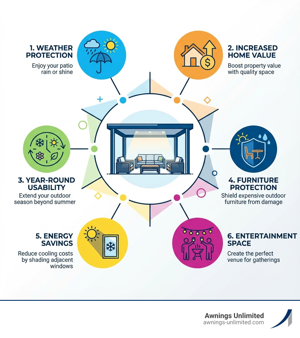 Infographic showing the key benefits of a covered outdoor seating area: 1. Weather Protection - enjoy your patio rain or shine, 2. Increased Home Value - boost property value with quality outdoor living space, 3. Year-Round Usability - extend your outdoor season beyond summer, 4. Furniture Protection - shield expensive outdoor furniture from sun and rain damage, 5. Energy Savings - reduce cooling costs by shading adjacent windows, 6. Entertainment Space - create the perfect venue for gatherings - covered outdoor seating area infographic Infographic showing the key benefits of a covered outdoor seating area: 1. Weather Protection - enjoy your patio rain or shine, 2. Increased Home Value - boost property value with quality outdoor living space, 3. Year-Round Usability - extend your outdoor season beyond summer, 4. Furniture Protection - shield expensive outdoor furniture from sun and rain damage, 5. Energy Savings - reduce cooling costs by shading adjacent windows, 6. Entertainment Space - create the perfect venue for gatherings - covered outdoor seating area infographic