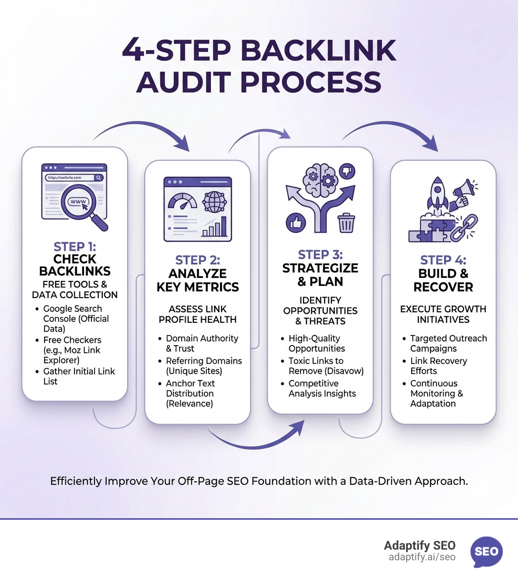 Infographic showing the 4-step backlink audit process: Step 1 - Check your backlinks using free tools like Google Search Console or Moz Link Explorer, Step 2 - Analyze key metrics including Domain Authority, referring domains, and anchor text distribution, Step 3 - Strategize by identifying high-quality opportunities and toxic links to remove, Step 4 - Build your profile through targeted outreach and link recovery efforts - check backlinks to your website infographic 