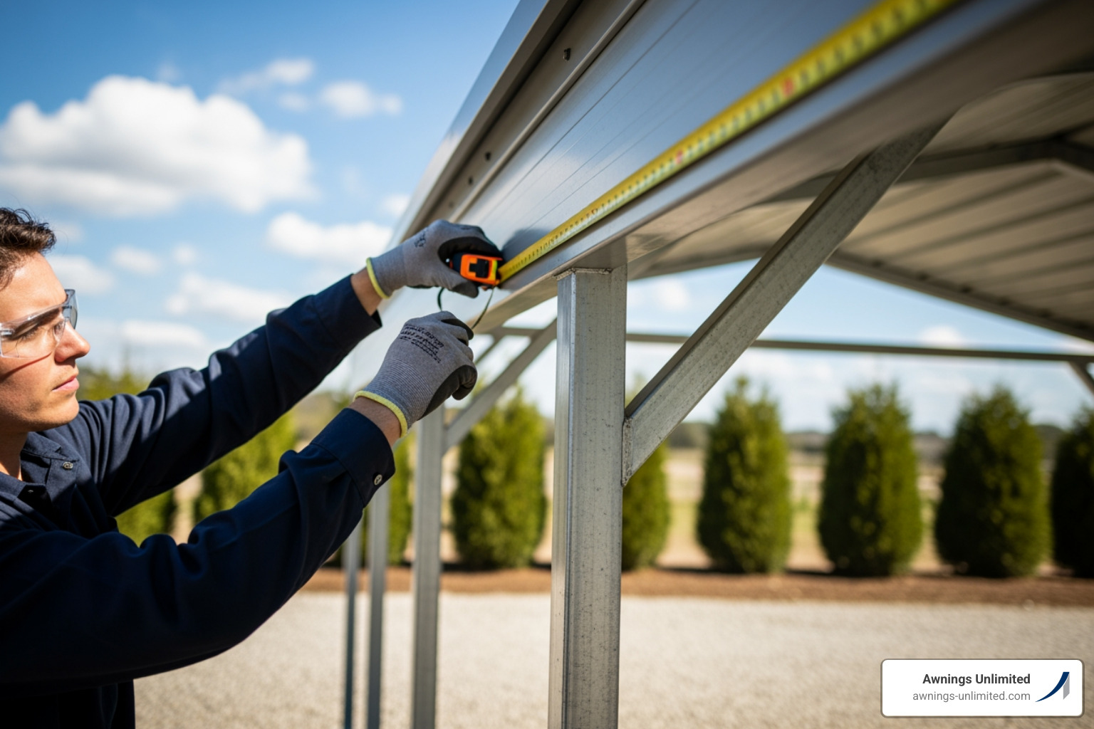person safely measuring a carport frame for a new cover - carport cover replacement person safely measuring a carport frame for a new cover - carport cover replacement
