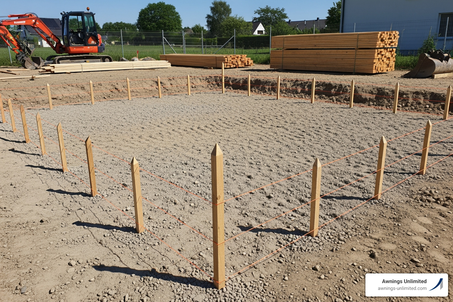 cleared and leveled area marked with stakes and string lines for carport installation - Carport installation Utah cleared and leveled area marked with stakes and string lines for carport installation - Carport installation Utah