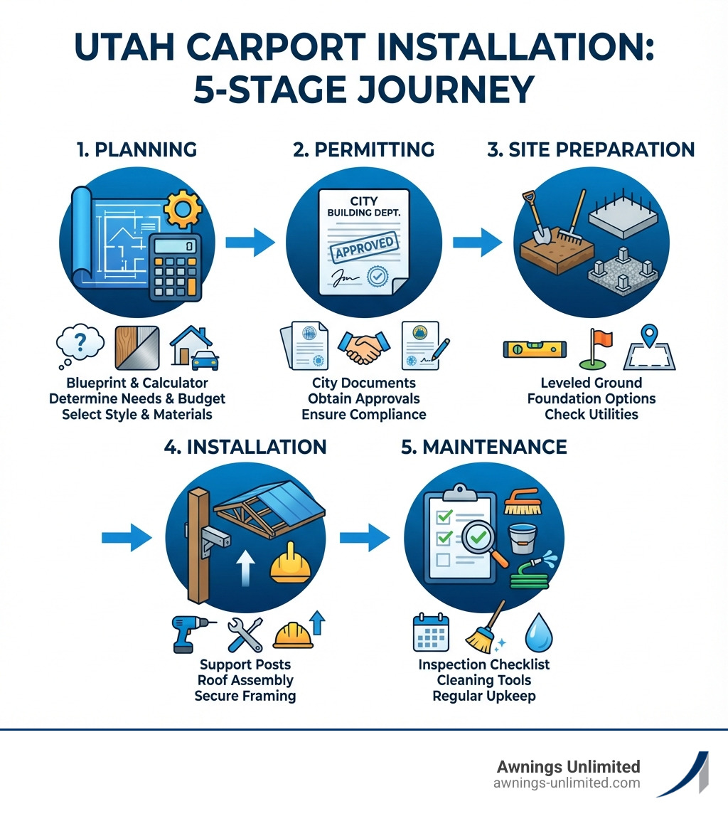 Step-by-step carport installation infographic showing 5 key stages: Planning with blueprint and calculator, Permitting with city building department documents, Site Preparation showing leveled ground and foundation options, Installation with support posts and roof assembly, and Maintenance with inspection checklist and cleaning tools - Carport installation Utah infographic Step-by-step carport installation infographic showing 5 key stages: Planning with blueprint and calculator, Permitting with city building department documents, Site Preparation showing leveled ground and foundation options, Installation with support posts and roof assembly, and Maintenance with inspection checklist and cleaning tools - Carport installation Utah infographic