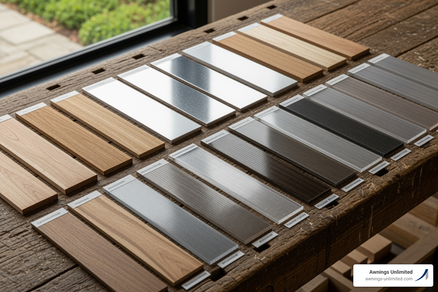 different material samples like wood, aluminum, and polycarbonate panels - build outdoor covered area different material samples like wood, aluminum, and polycarbonate panels - build outdoor covered area