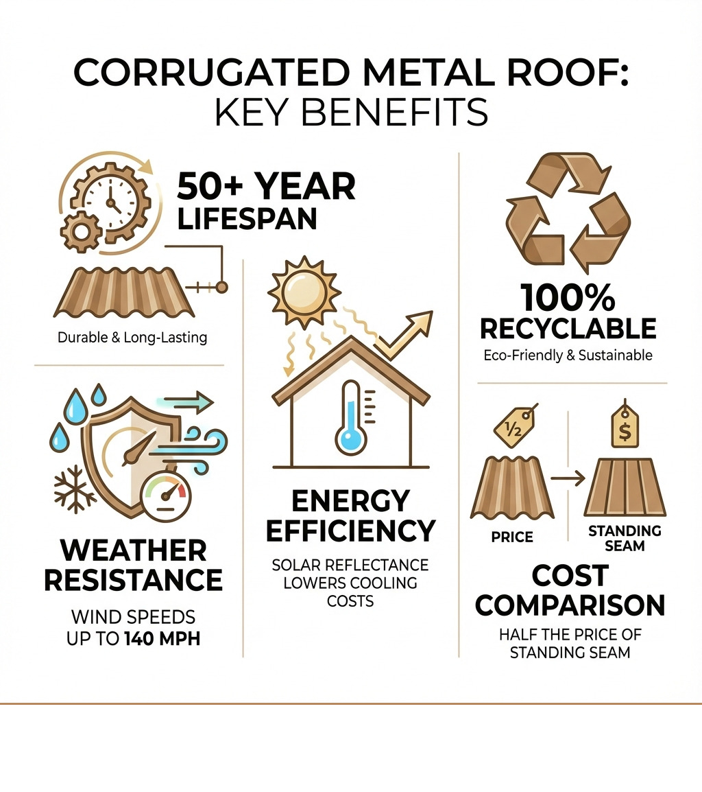 infographic showing key benefits of corrugated metal roofing including 50+ year lifespan, weather resistance with wind speeds up to 140 mph, energy efficiency through solar reflectance, 100% recyclability, and cost comparison showing half the price of standing seam - residential corrugated metal roof infographic infographic showing key benefits of corrugated metal roofing including 50+ year lifespan, weather resistance with wind speeds up to 140 mph, energy efficiency through solar reflectance, 100% recyclability, and cost comparison showing half the price of standing seam - residential corrugated metal roof infographic