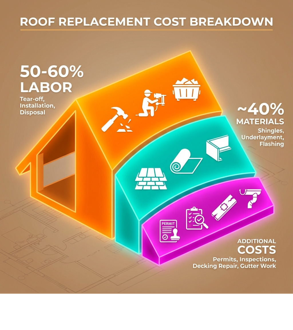 Infographic showing roof replacement cost breakdown: 40% materials including shingles, underlayment, and flashing; 50-60% labor including tear-off, installation, and disposal; additional costs including permits, inspections, decking repair, and gutter work - average price for roof replacement infographic Infographic showing roof replacement cost breakdown: 40% materials including shingles, underlayment, and flashing; 50-60% labor including tear-off, installation, and disposal; additional costs including permits, inspections, decking repair, and gutter work - average price for roof replacement infographic