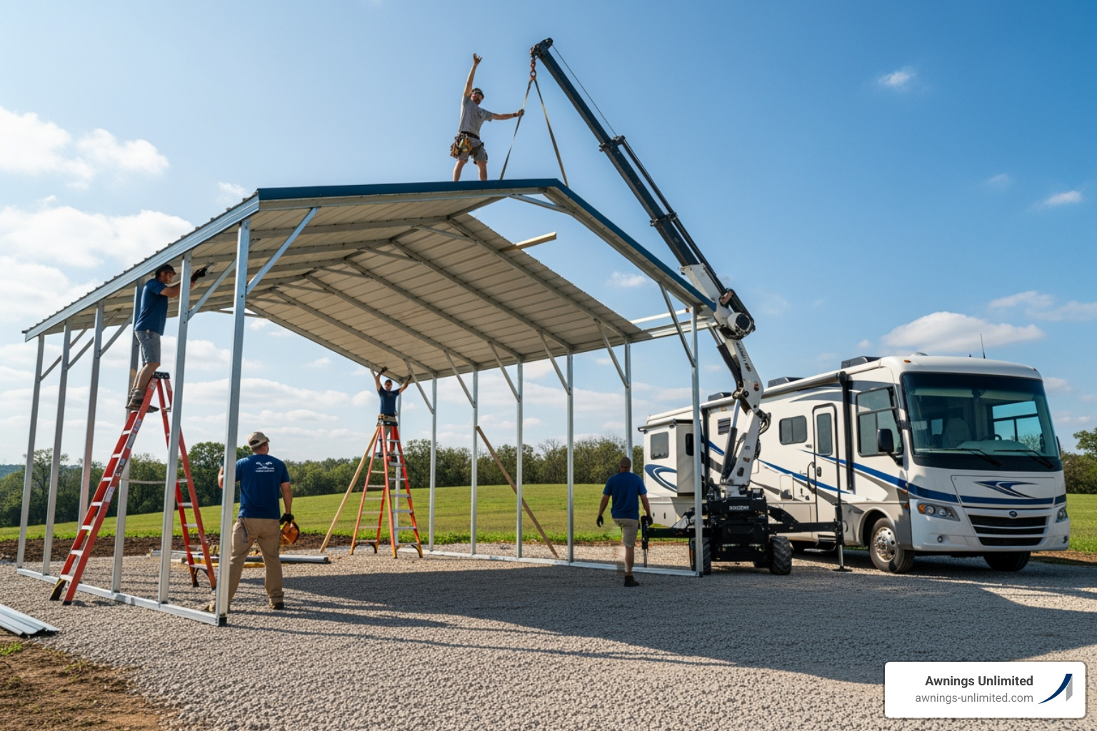 professional installation team working on an RV carport - rv carports installed professional installation team working on an RV carport - rv carports installed