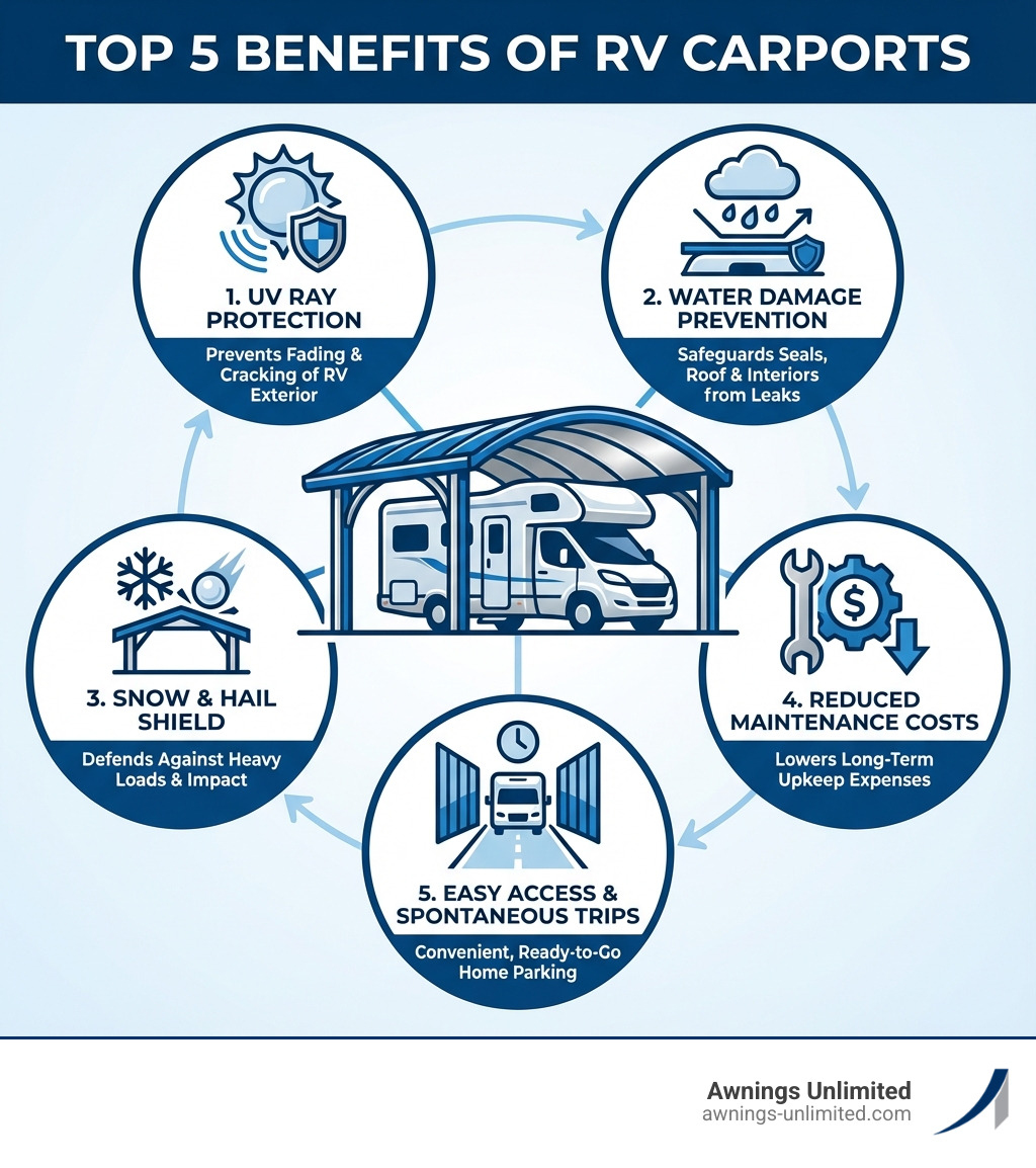 Infographic showing top 5 benefits of RV carports: Protection from UV rays that cause fading and cracking, Prevention of water damage to seals and roof, Shield from snow loads and hail impact, Reduced maintenance costs over vehicle lifetime, Easy access for spontaneous trips without driving to storage facilities - rv carports installed infographic Infographic showing top 5 benefits of RV carports: Protection from UV rays that cause fading and cracking, Prevention of water damage to seals and roof, Shield from snow loads and hail impact, Reduced maintenance costs over vehicle lifetime, Easy access for spontaneous trips without driving to storage facilities - rv carports installed infographic