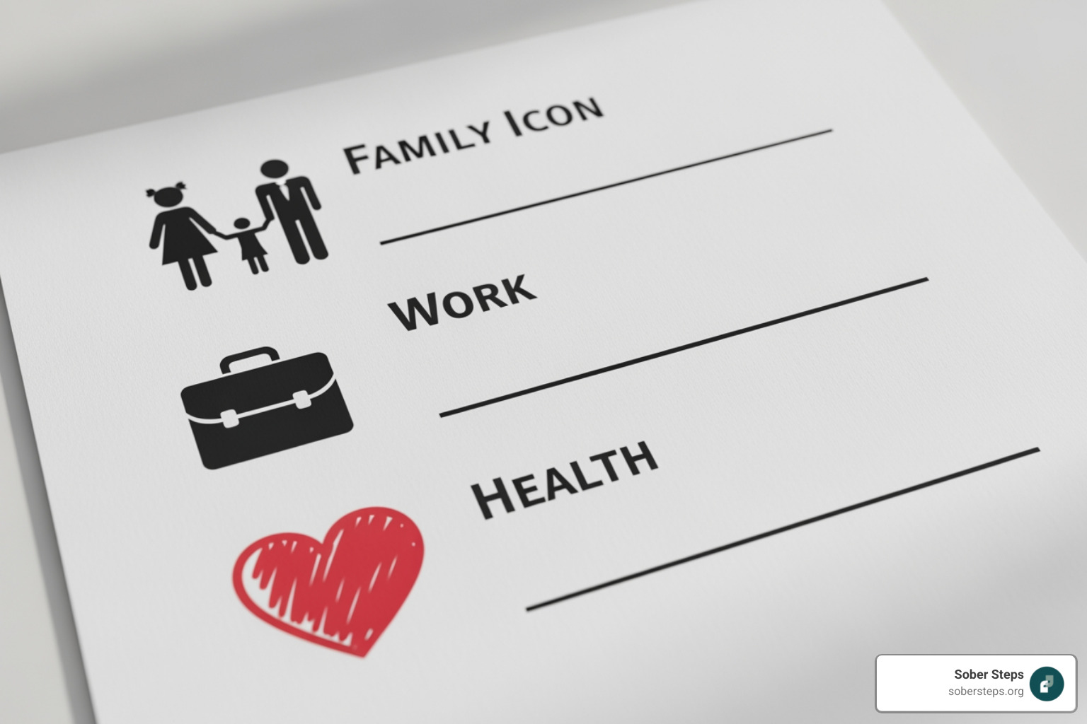 A checklist with icons representing different life areas (family, work, health) - alcohol rehab centers
