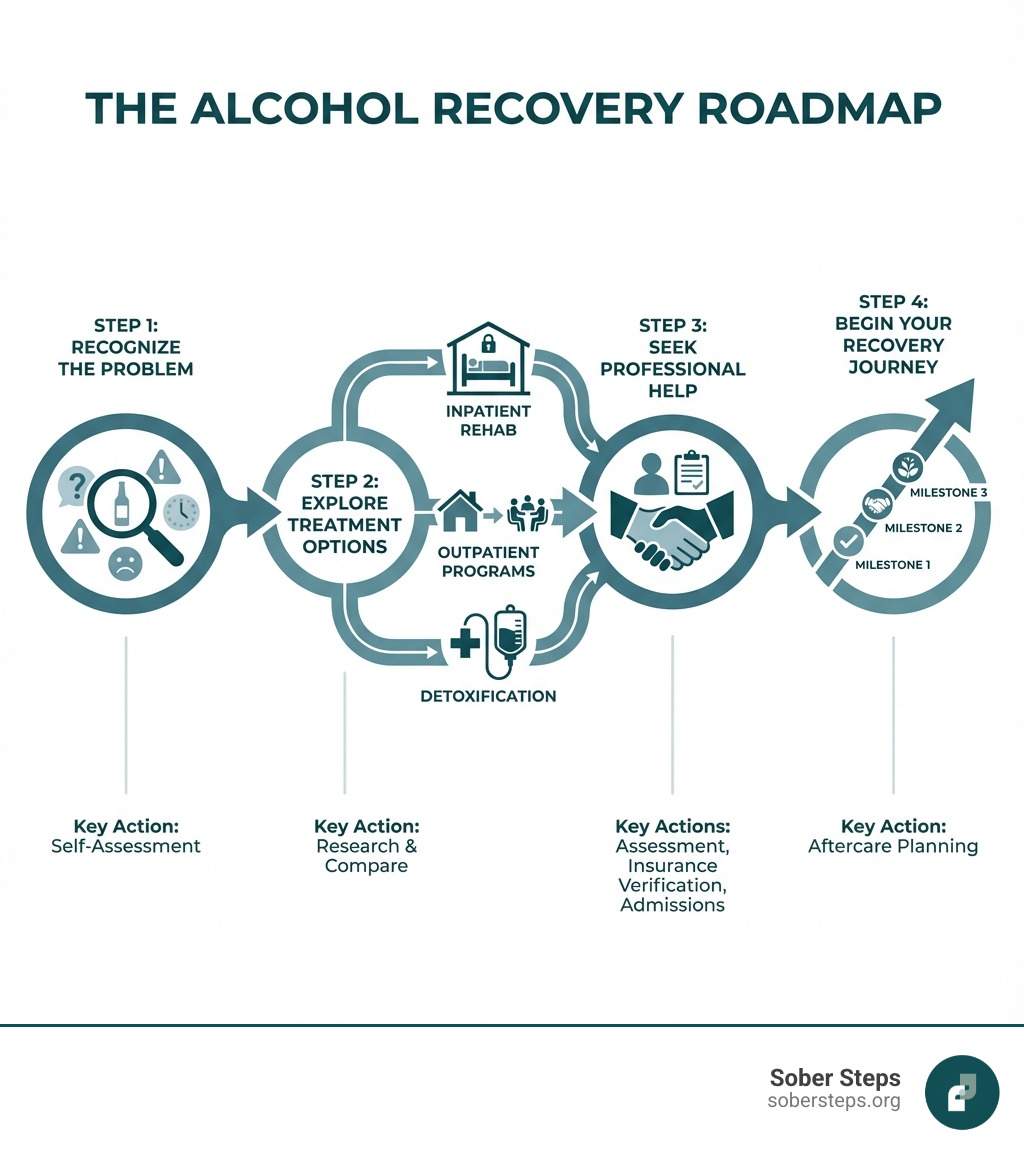 Infographic showing the recovery roadmap: Step 1 - Recognize the Problem (magnifying glass icon over warning signs), Step 2 - Explore Treatment Options (branching paths showing inpatient, outpatient, and detox), Step 3 - Seek Professional Help (handshake between person and counselor), Step 4 - Begin Your Recovery Journey (upward arrow with milestone markers). Each step includes key actions like assessment, insurance verification, admissions, and aftercare planning. - alcohol rehab centers infographic 