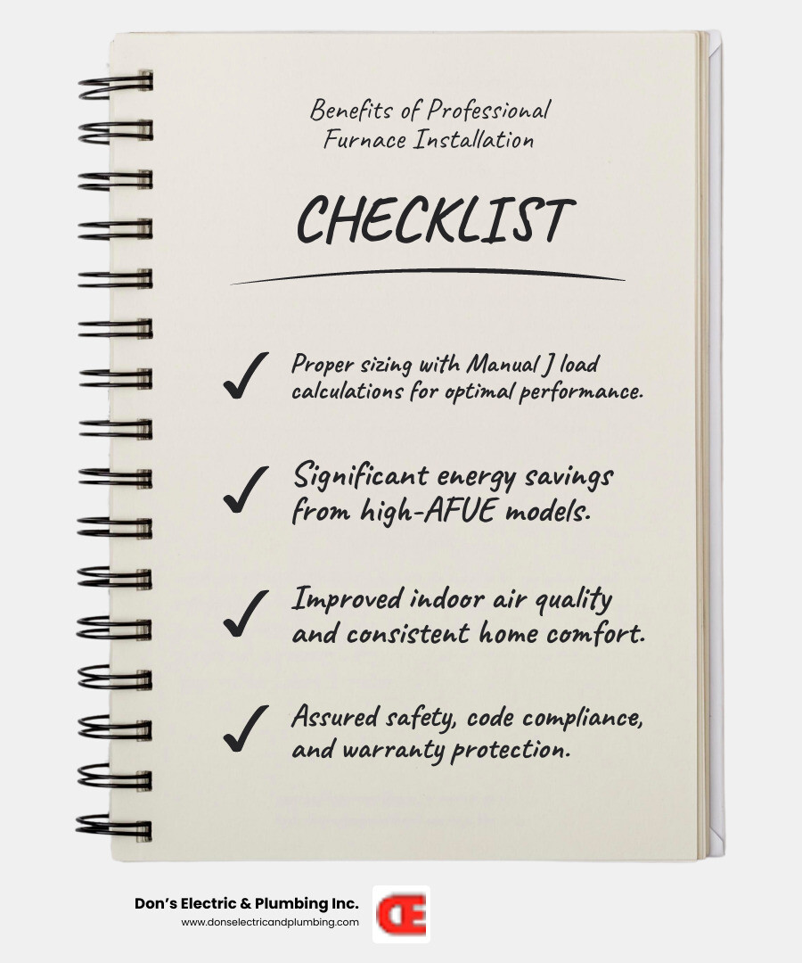 Infographic showing the benefits of professional furnace installation in Esperance NY, including proper sizing with Manual J load calculations, 15-20 year lifespan expectations, energy savings from high-AFUE models, improved indoor air quality, compliance with Schoharie County building codes, warranty protection through licensed installation, and safety assurance from carbon monoxide prevention - furnace installation in esperance ny infographic checklist-notebook Infographic showing the benefits of professional furnace installation in Esperance NY, including proper sizing with Manual J load calculations, 15-20 year lifespan expectations, energy savings from high-AFUE models, improved indoor air quality, compliance with Schoharie County building codes, warranty protection through licensed installation, and safety assurance from carbon monoxide prevention - furnace installation in esperance ny infographic checklist-notebook