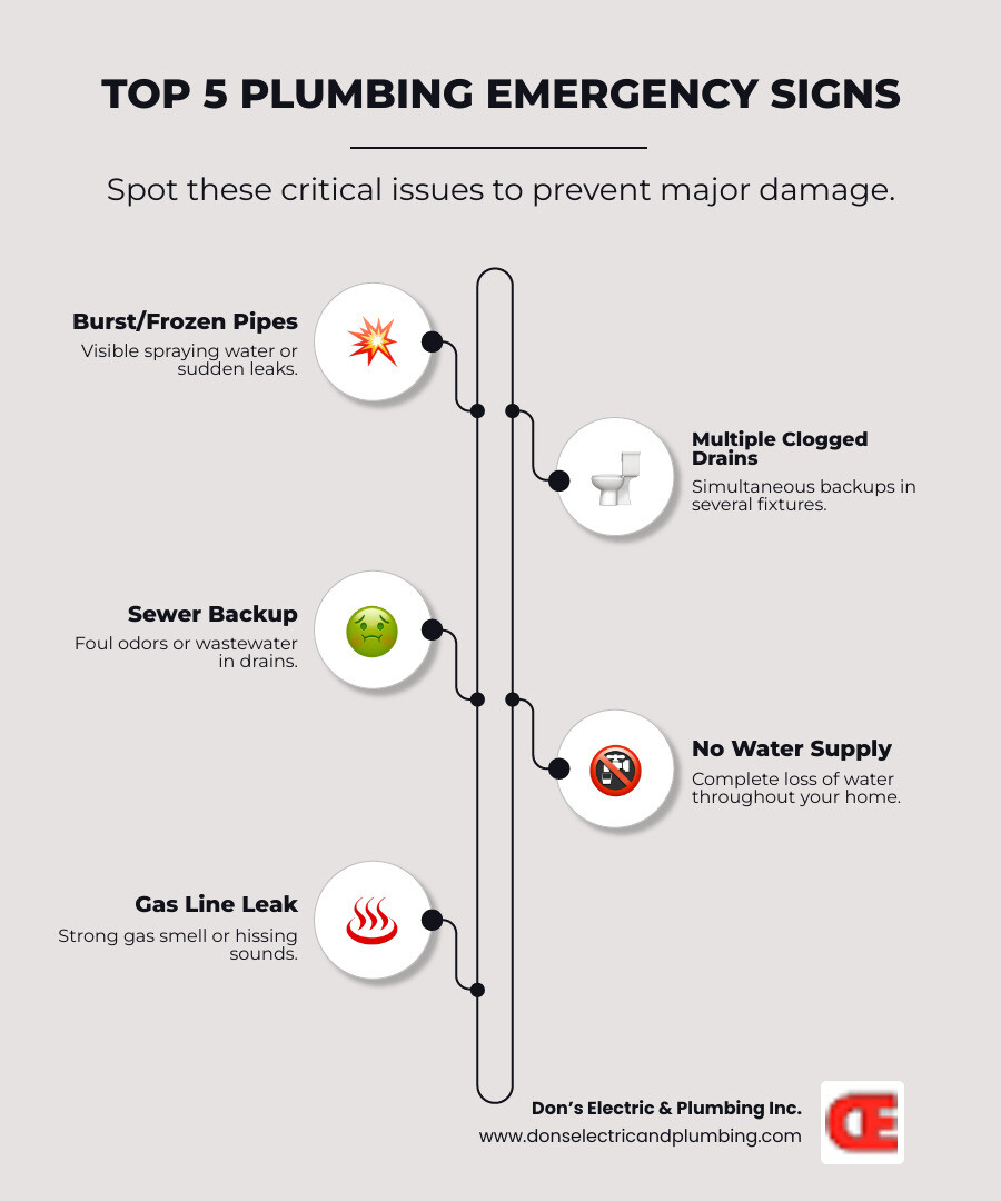 Infographic showing the top 5 signs of a plumbing emergency: 1. Burst or frozen pipes with visible water spraying, 2. Multiple clogged drains backing up simultaneously, 3. Sewer backup with foul odors or waste water, 4. Complete loss of water supply to your home, 5. Gas line smell or hissing sounds near plumbing fixtures. Each sign includes a simple icon and brief description of why it requires immediate professional attention. - emergency plumbing repair in middleburgh, ny infographic infographic-line-5-steps-elegant_beige Infographic showing the top 5 signs of a plumbing emergency: 1. Burst or frozen pipes with visible water spraying, 2. Multiple clogged drains backing up simultaneously, 3. Sewer backup with foul odors or waste water, 4. Complete loss of water supply to your home, 5. Gas line smell or hissing sounds near plumbing fixtures. Each sign includes a simple icon and brief description of why it requires immediate professional attention. - emergency plumbing repair in middleburgh, ny infographic infographic-line-5-steps-elegant_beige