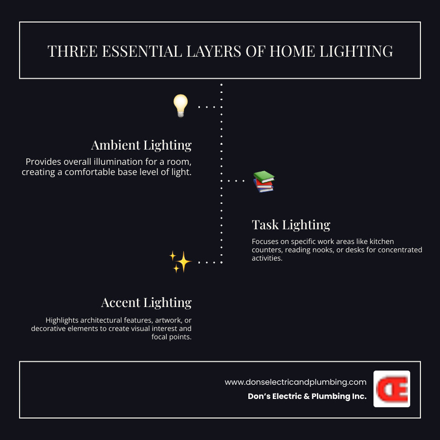 Infographic showing the three essential layers of home lighting: ambient lighting provides overall illumination for a room, task lighting focuses on specific work areas like kitchen counters and reading nooks, and accent lighting highlights architectural features and creates visual interest - lighting service in middleburgh ny infographic infographic-line-3-steps-dark Infographic showing the three essential layers of home lighting: ambient lighting provides overall illumination for a room, task lighting focuses on specific work areas like kitchen counters and reading nooks, and accent lighting highlights architectural features and creates visual interest - lighting service in middleburgh ny infographic infographic-line-3-steps-dark
