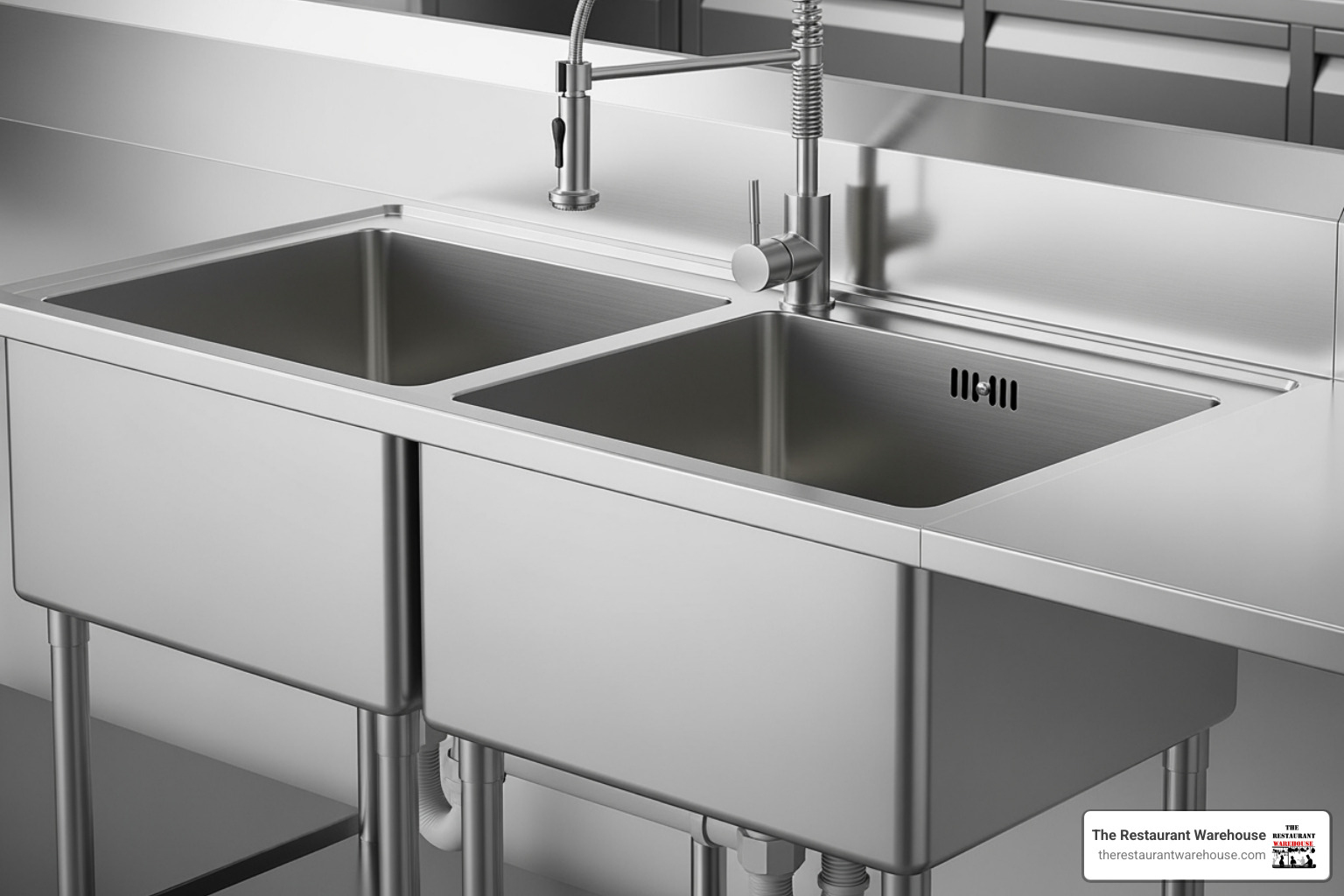 A detailed view of a stainless steel commercial sink highlighting features like coved corners, an integrated backsplash, and adjustable bullet feet for stability and easy cleaning. - buy 3 compartment sink