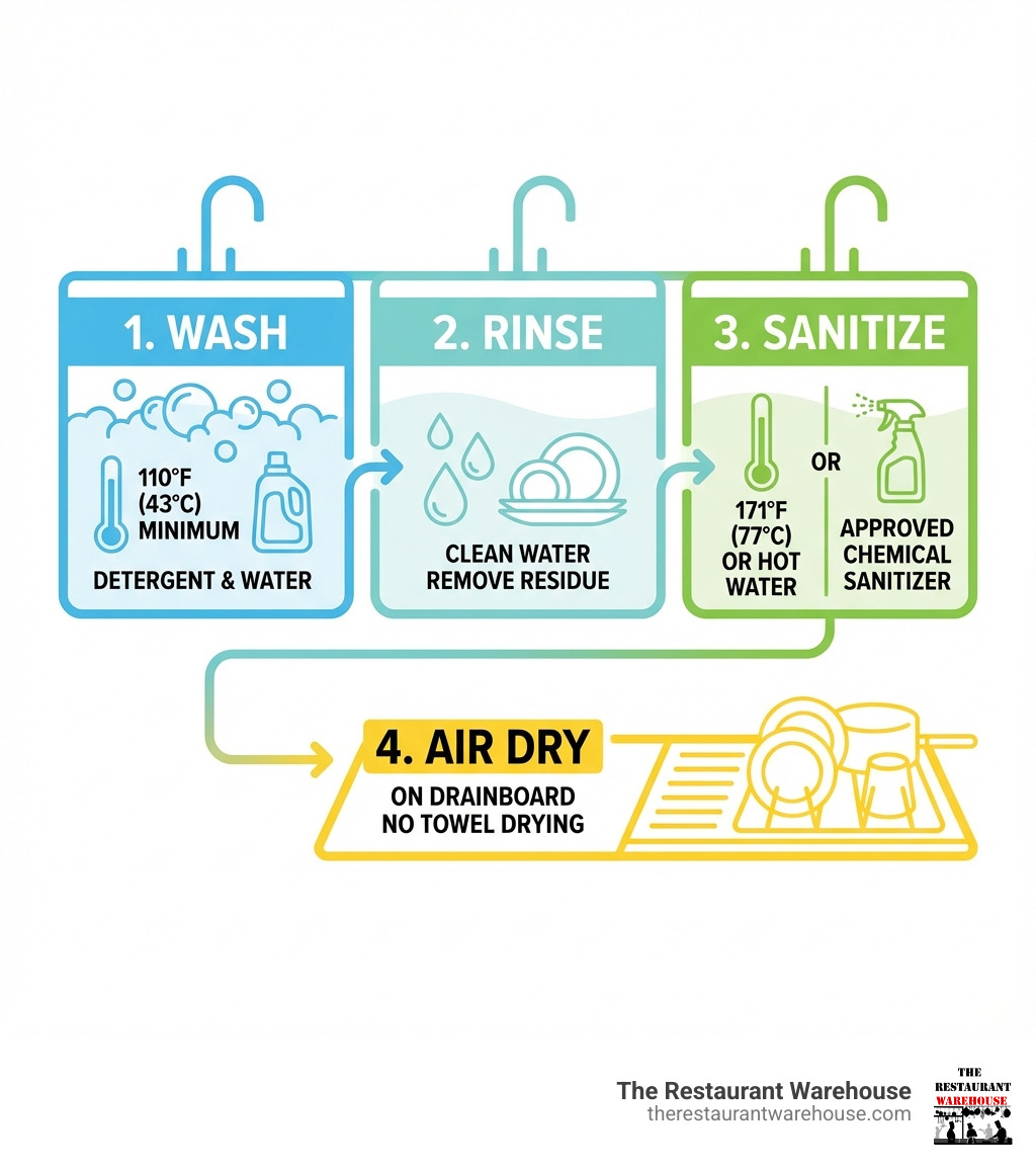 Infographic showing the three-step wash, rinse, and sanitize process with water temperature requirements: Wash compartment at 110°F with detergent, Rinse compartment with clean water, Sanitize compartment at 171°F or with approved chemical sanitizer, followed by air drying on drainboard - buy 3 compartment sink infographic 