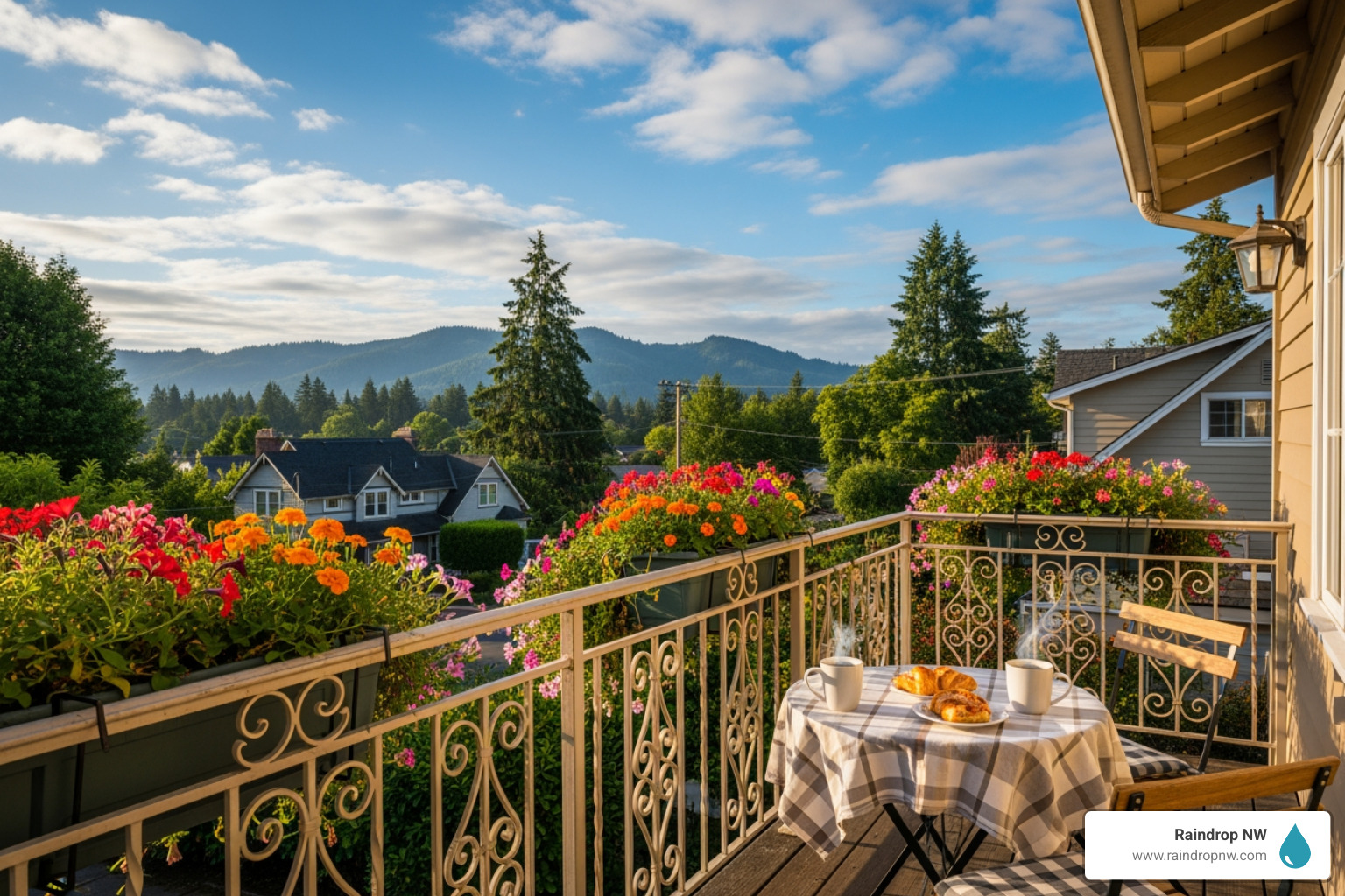 Infographic showing top 5 benefits of home balconies: extended living space for entertaining, fresh air and natural light access, private outdoor retreat, increased property value, and connection to Oregon's natural scenery - balconies in happy valley, or