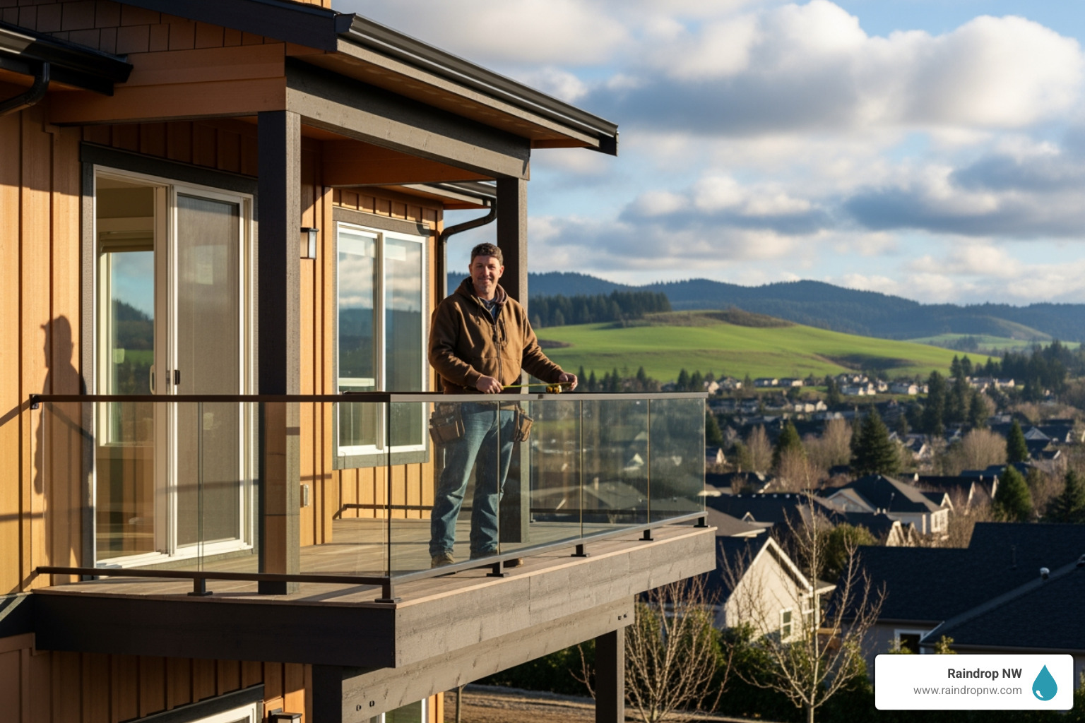 infographic showing balcony components including support structure, flashing, waterproof membrane, drainage system, railing posts, and decking surface with arrows indicating common failure points like water pooling, railing wobble, and rotted posts - balconies contractor in happy valley, or