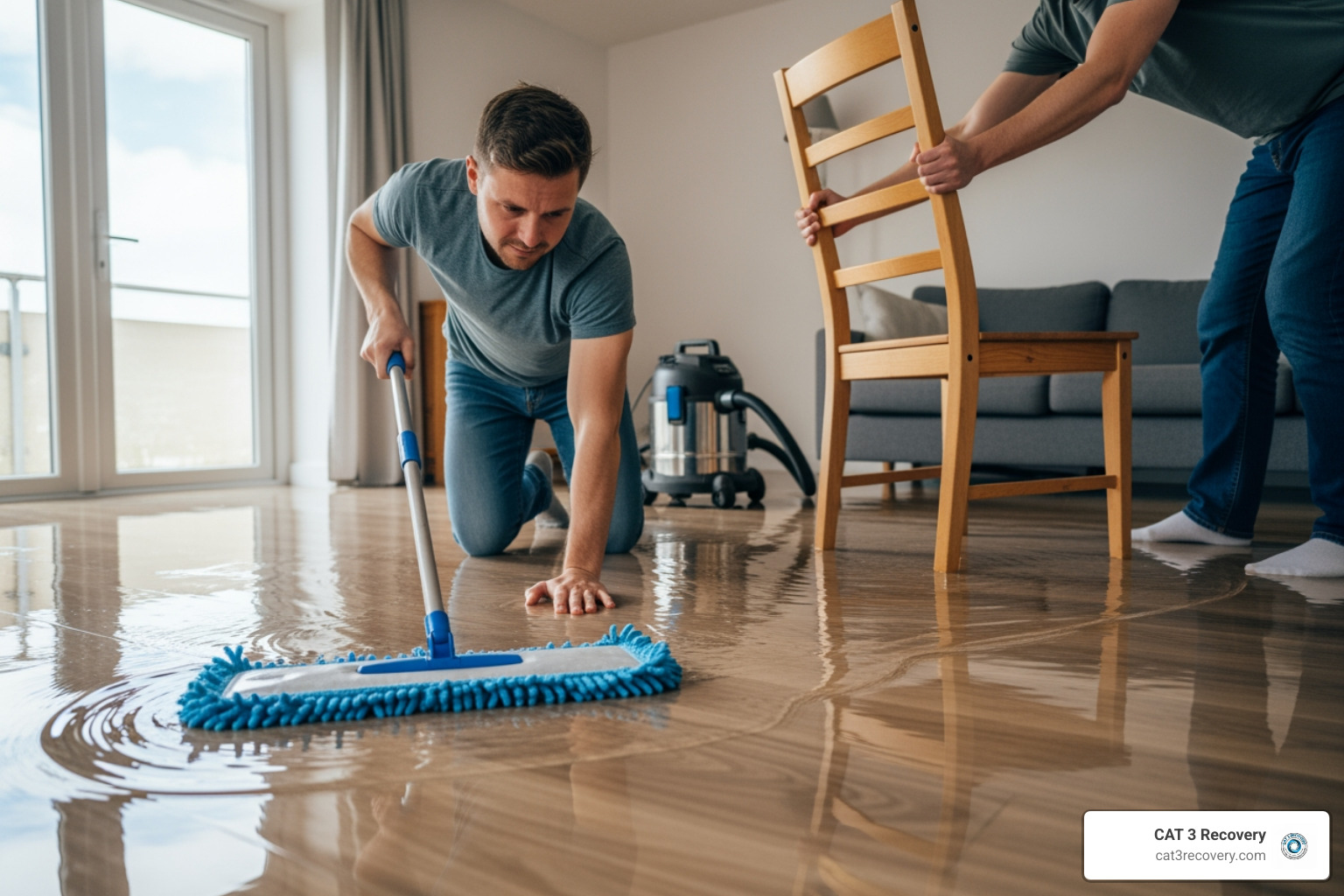 Person mopping up water from a flooded floor while another person moves a chair away - water pipe burst in house what to do
