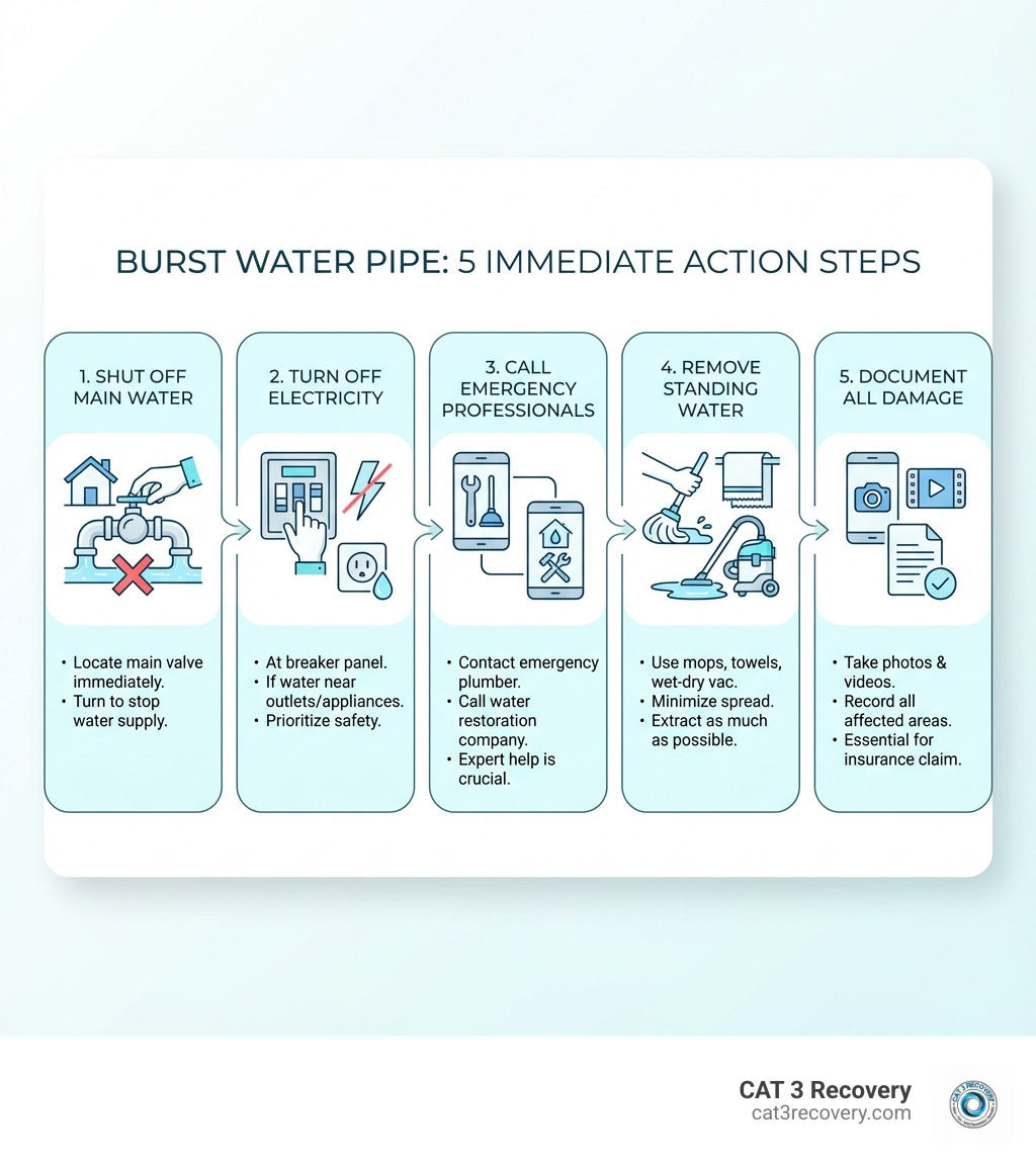 Infographic showing the 5 critical immediate steps when a water pipe bursts in your house: 1. Shut off main water valve immediately, 2. Turn off electricity at breaker panel if water is near outlets, 3. Call emergency plumber and restoration company, 4. Remove standing water with mops and wet-dry vac, 5. Document all damage with photos and videos for insurance - water pipe burst in house what to do infographic 