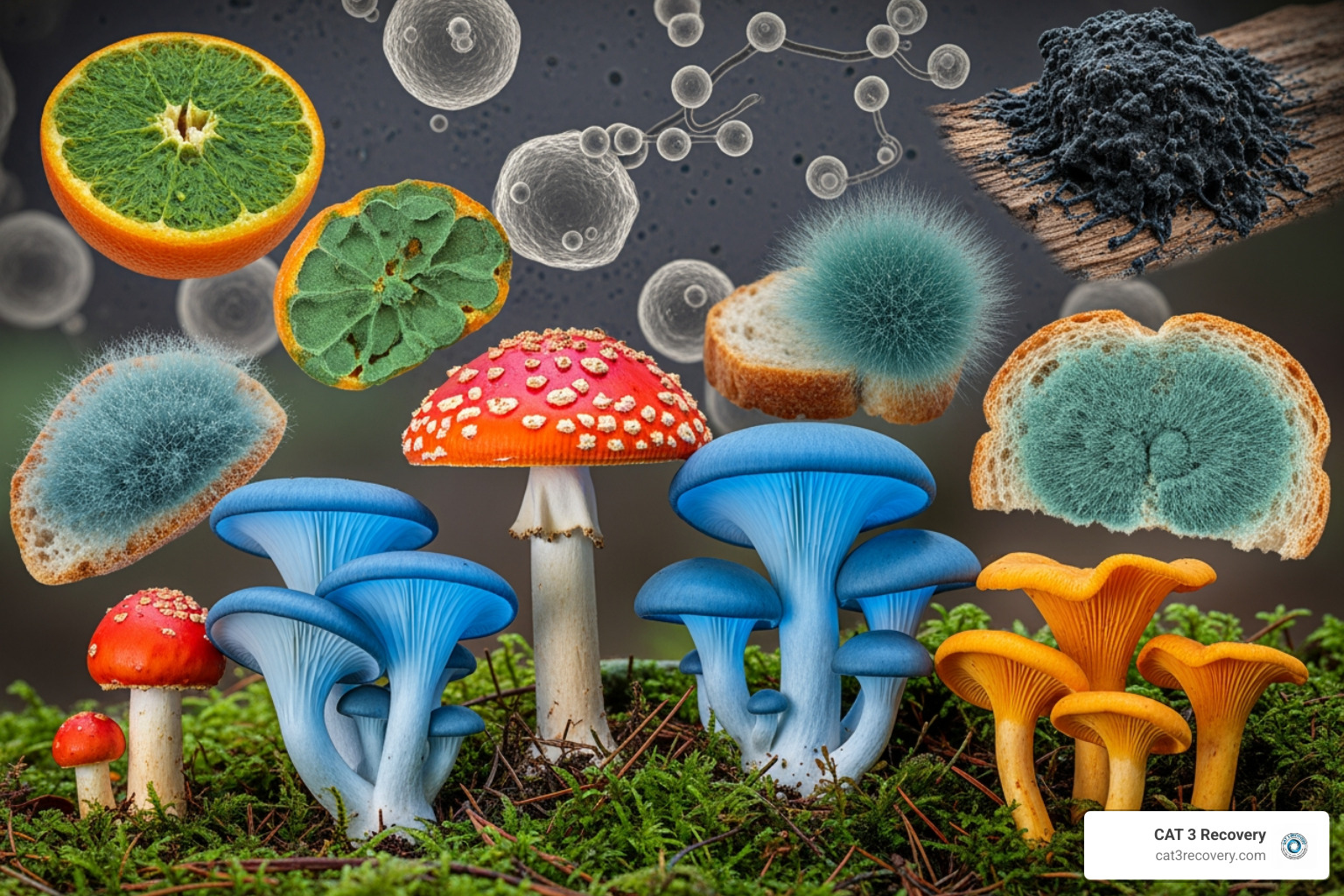 image of various types of fungi, including colorful mushrooms, yeast under a microscope, and different colored molds - fungi vs mould