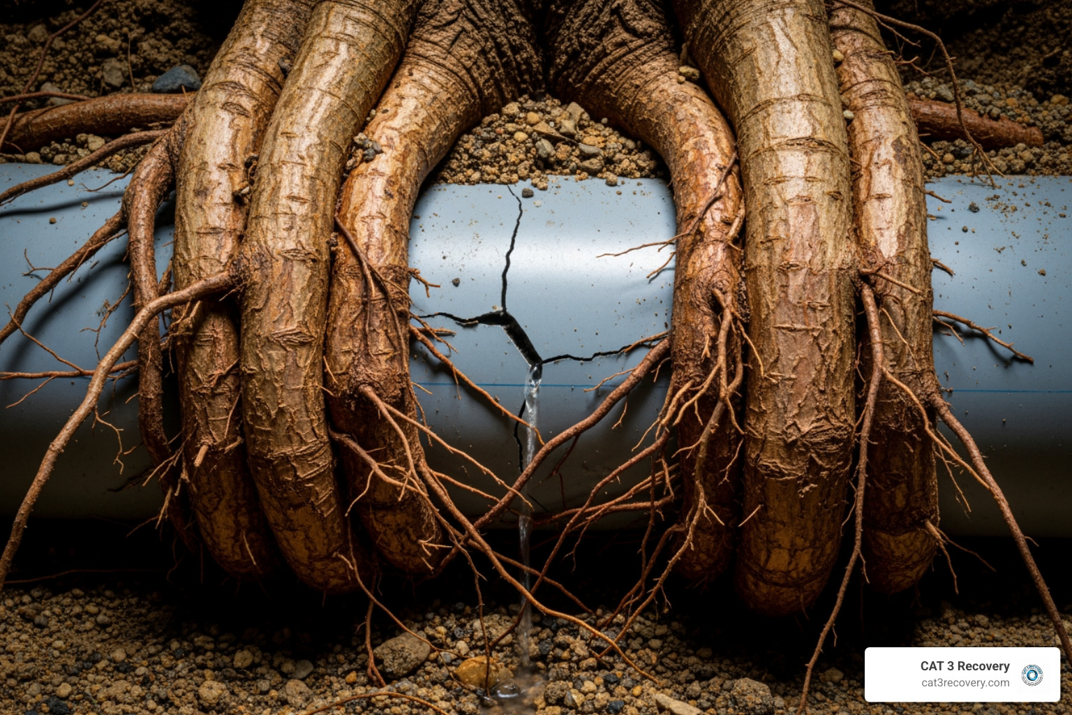 Tree roots tightly wrapped around a broken underground pipe, demonstrating how nature can damage plumbing. - burst water pipe outside house Tree roots tightly wrapped around a broken underground pipe, demonstrating how nature can damage plumbing. - burst water pipe outside house