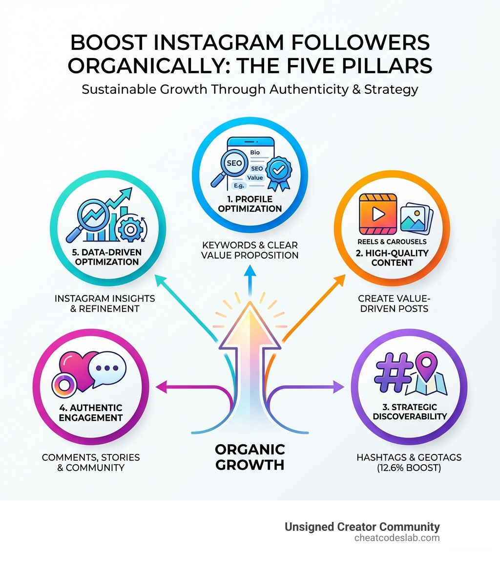 Infographic showing the five pillars of organic Instagram growth: profile optimization with keywords and clear value proposition, high-quality content creation including Reels and carousels, strategic use of hashtags and geotags for discoverability, authentic community engagement through comments and Stories, and data-driven optimization using Instagram Insights to refine strategy - Boost Instagram followers organically infographic 