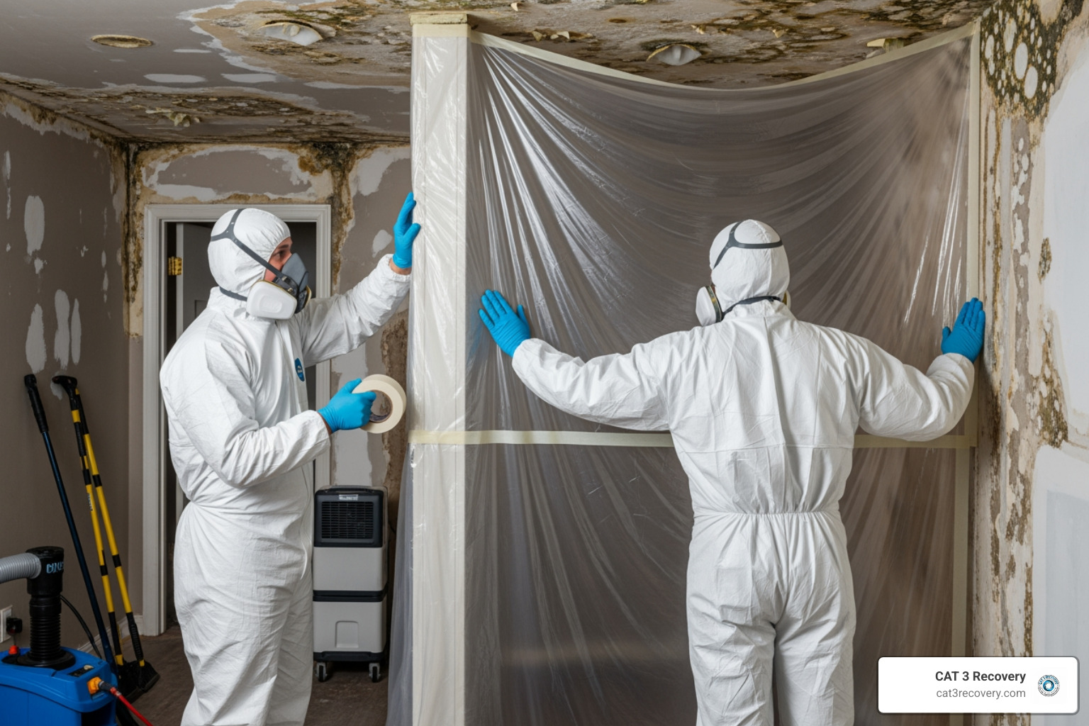 Professionals in full PPE setting up a containment barrier - mold damage restoration