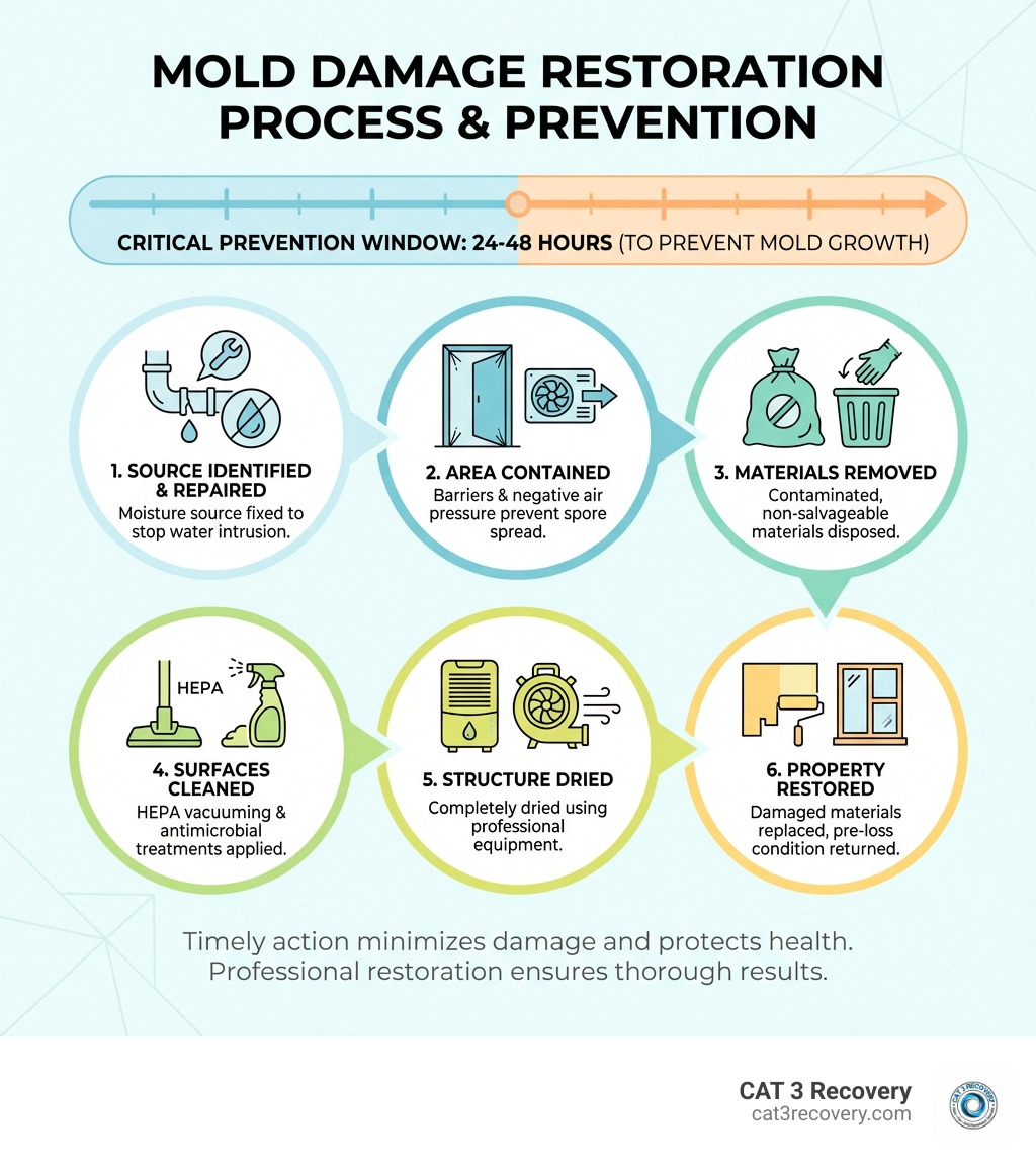 Infographic showing the mold damage restoration process: 1) Moisture source identified and repaired, 2) Affected area contained with barriers and negative air pressure, 3) Contaminated materials removed and disposed, 4) Surfaces cleaned with HEPA vacuums and antimicrobial treatments, 5) Structure completely dried with dehumidifiers and air movers, 6) Damaged materials replaced and property restored, with timeline showing 24-48 hour critical window for prevention - mold damage restoration infographic 