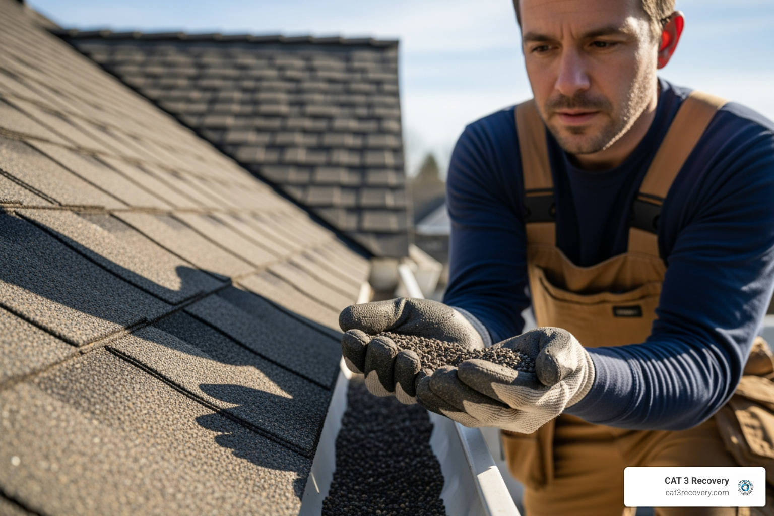 A person inspecting gutters for shingle granules - home hail damage repair A person inspecting gutters for shingle granules - home hail damage repair