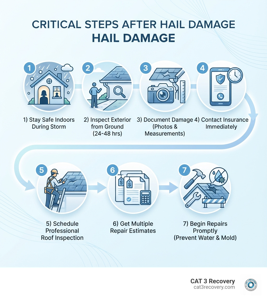 Infographic showing the critical steps after hail damage: 1) Stay safe indoors during the storm, 2) Inspect exterior damage from ground level within 24-48 hours, 3) Document all damage with photos and measurements, 4) Contact insurance company immediately, 5) Schedule professional roof inspection, 6) Get multiple repair estimates, 7) Begin repairs promptly to prevent water damage and mold - home hail damage repair infographic Infographic showing the critical steps after hail damage: 1) Stay safe indoors during the storm, 2) Inspect exterior damage from ground level within 24-48 hours, 3) Document all damage with photos and measurements, 4) Contact insurance company immediately, 5) Schedule professional roof inspection, 6) Get multiple repair estimates, 7) Begin repairs promptly to prevent water damage and mold - home hail damage repair infographic