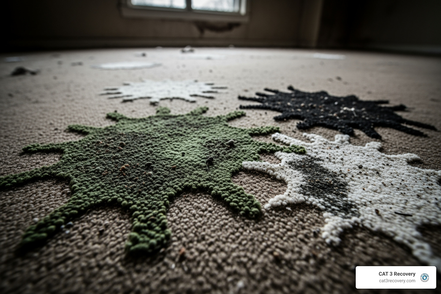 discolored carpet patches in various colors (green, black, white) - carpet mold removal service discolored carpet patches in various colors (green, black, white) - carpet mold removal service