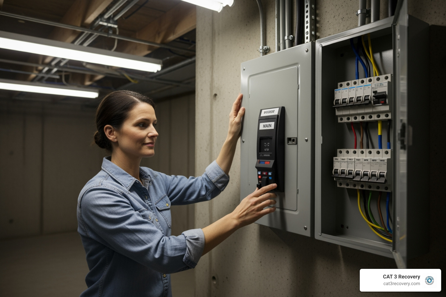 homeowner safely turning off a main circuit breaker - flooded home restoration