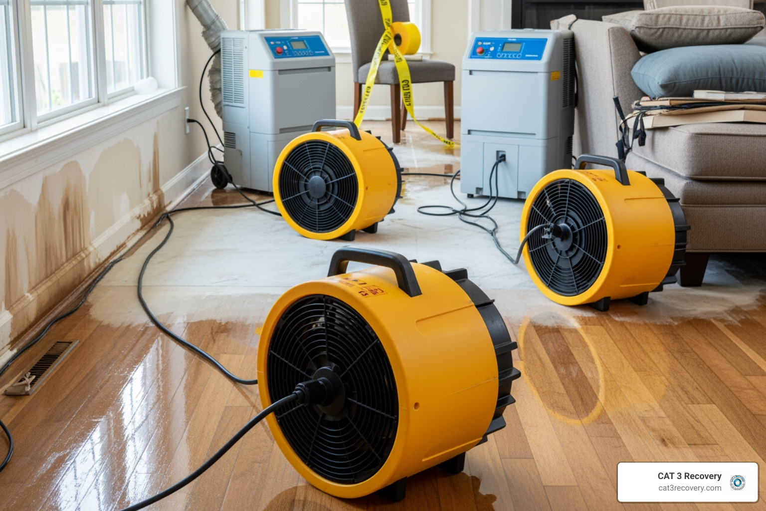 professional drying equipment (air movers, dehumidifiers) in a home - flooded home restoration
