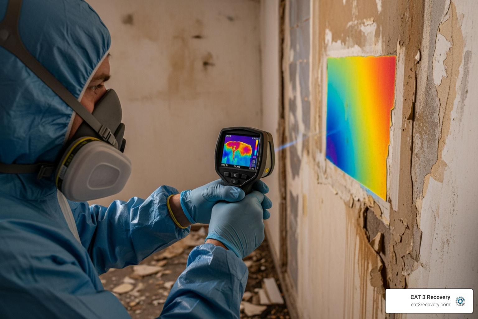 restoration technician using a thermal imaging camera on a damp wall - emergency fire & water restoration