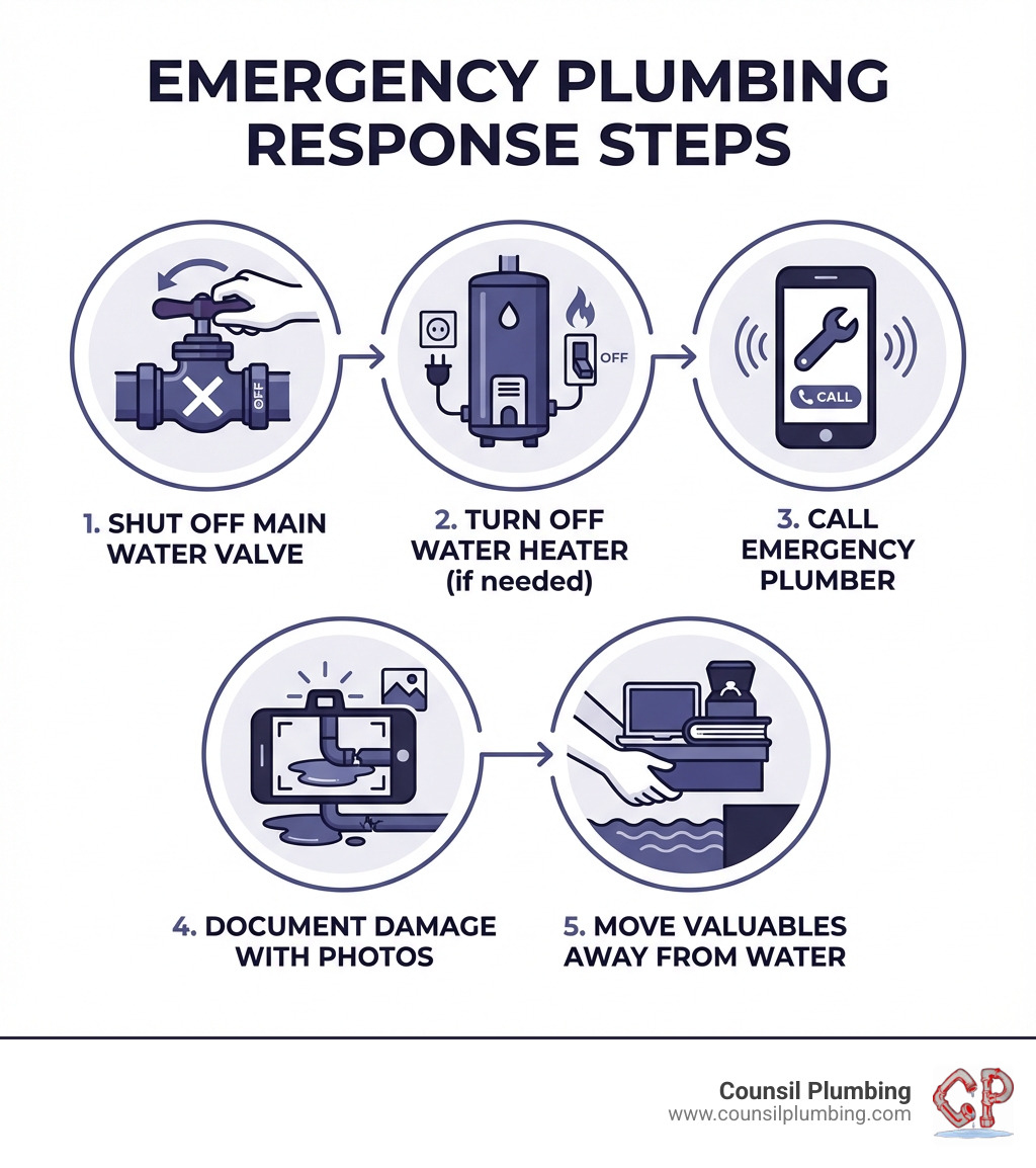 infographic showing emergency plumbing response steps: 1. Shut off main water valve, 2. Turn off water heater if needed, 3. Call emergency plumber, 4. Document damage with photos, 5. Move valuables away from water - emergency plumber los altos infographic 