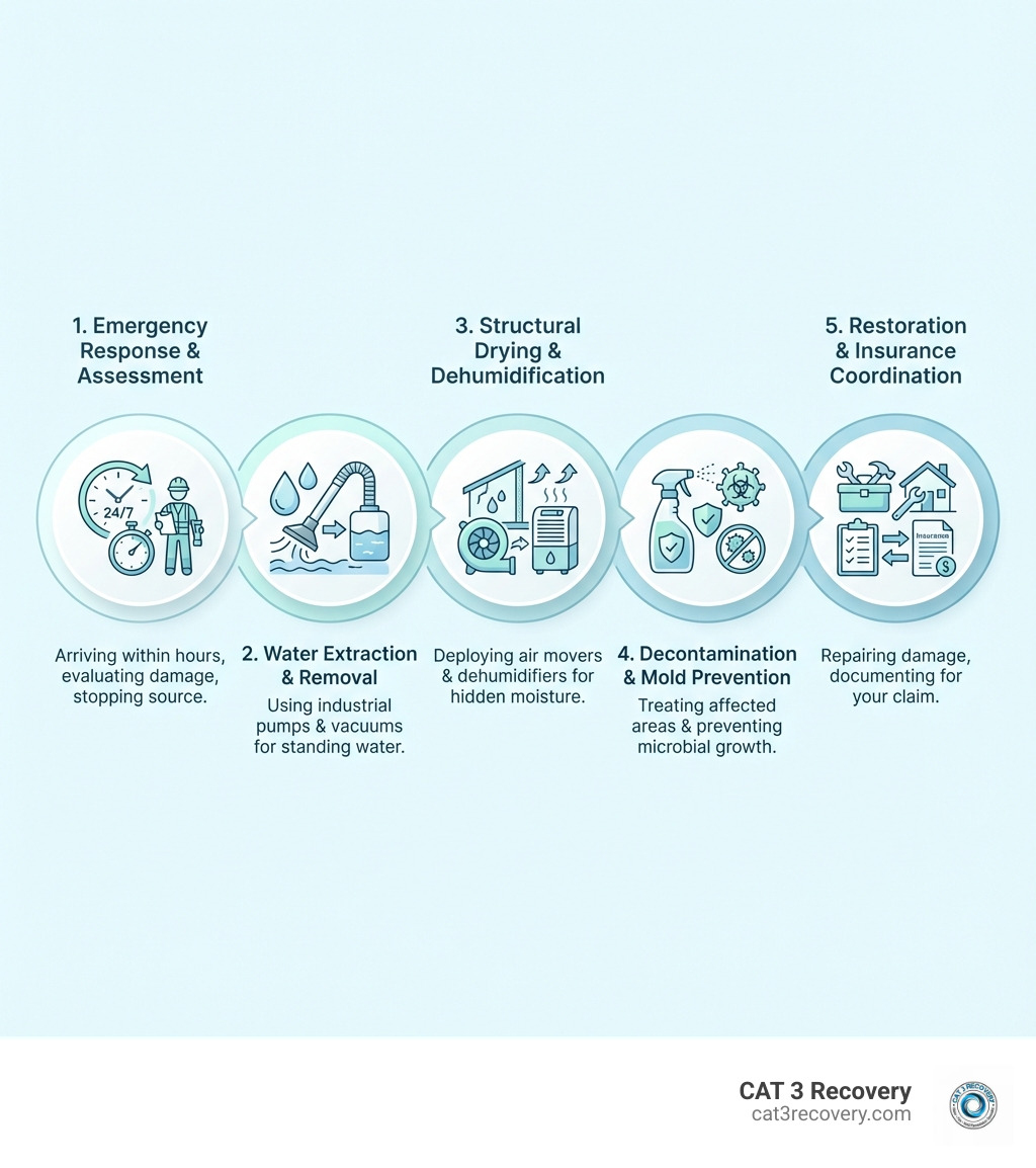 Infographic showing the 5 key roles of a water damage restoration specialist: 1) Emergency Response & Assessment - arriving within hours to evaluate damage and stop the source, 2) Water Extraction & Removal - using industrial pumps and vacuums to remove standing water, 3) Structural Drying & Dehumidification - deploying air movers and dehumidifiers to eliminate hidden moisture, 4) Decontamination & Mold Prevention - treating affected areas and preventing microbial growth, 5) Restoration & Insurance Coordination - repairing damage and documenting everything for your claim - water damage restoration specialist infographic 