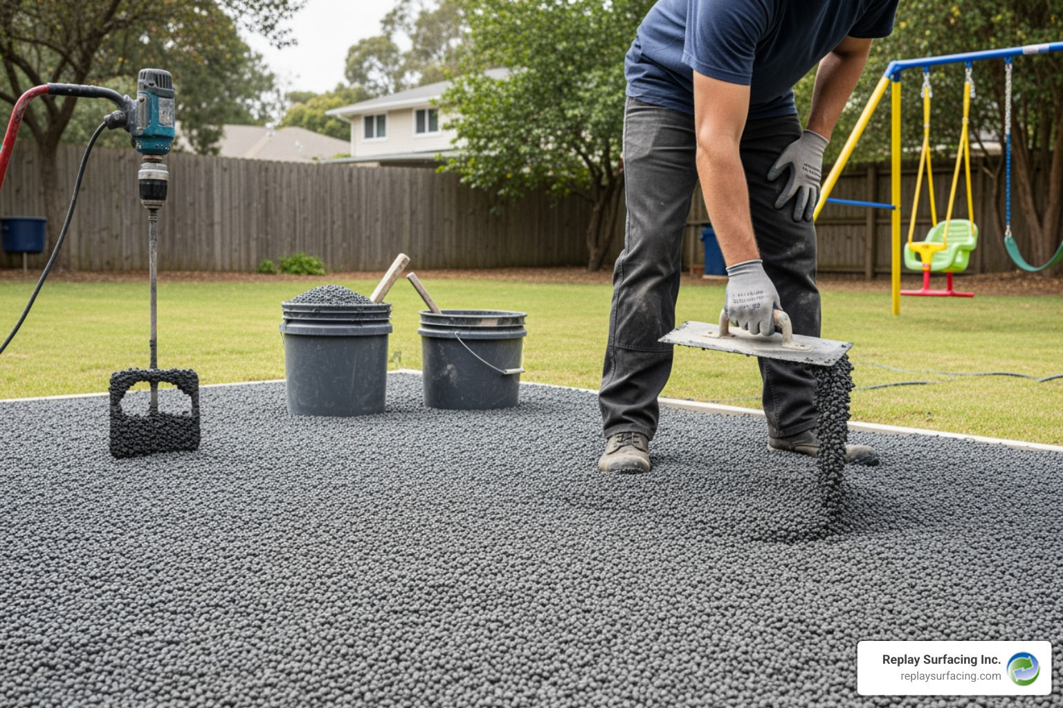 necessary materials and tools laid out neatly on a tarp - pour in place rubber surfacing charlotte nc