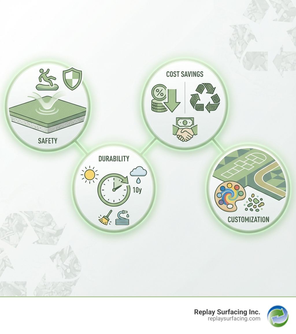 Infographic showing the four main benefits of DIY pour-in-place rubber surfacing: Safety - impact-absorbing surface reduces fall injuries with proper thickness based on Critical Fall Height; Cost Savings - eliminate 50-60% labor costs of professional installation while using eco-friendly recycled materials; Durability - weather-resistant surface lasts 8-10 years with basic maintenance including sweeping and occasional washing; Customization - unlimited color options using EPDM granules with ability to create patterns and designs for playgrounds, sports courts, and pool areas - pour in place rubber surfacing charlotte nc infographic 