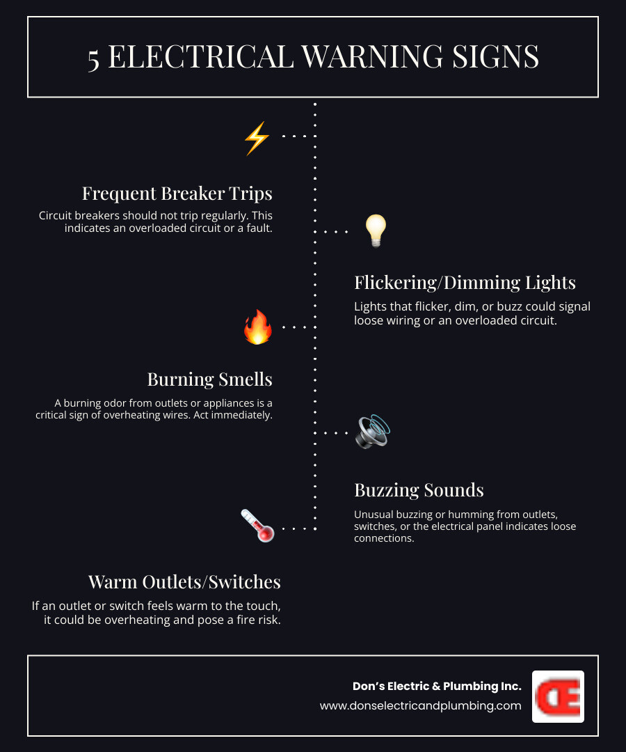 Infographic showing 5 key warning signs of electrical problems: frequent breaker trips, flickering lights, burning smells near outlets, buzzing sounds from switches, and warm outlet covers - best electric repair in canajoharie, ny infographic infographic-line-5-steps-dark Infographic showing 5 key warning signs of electrical problems: frequent breaker trips, flickering lights, burning smells near outlets, buzzing sounds from switches, and warm outlet covers - best electric repair in canajoharie, ny infographic infographic-line-5-steps-dark