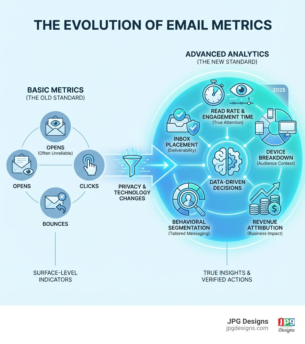Infographic showing the evolution of email metrics from basic (opens, clicks, bounces) to advanced (read rate, engagement time, device breakdown, revenue attribution, inbox placement, behavioral segmentation) email metrics. - advanced email analytics infographic Infographic showing the evolution of email metrics from basic (opens, clicks, bounces) to advanced (read rate, engagement time, device breakdown, revenue attribution, inbox placement, behavioral segmentation) email metrics. - advanced email analytics infographic