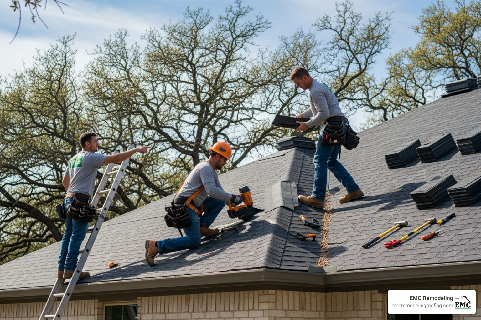 Roofer inspecting hail damage on a shingle roof - roofing contractors in georgetown tx