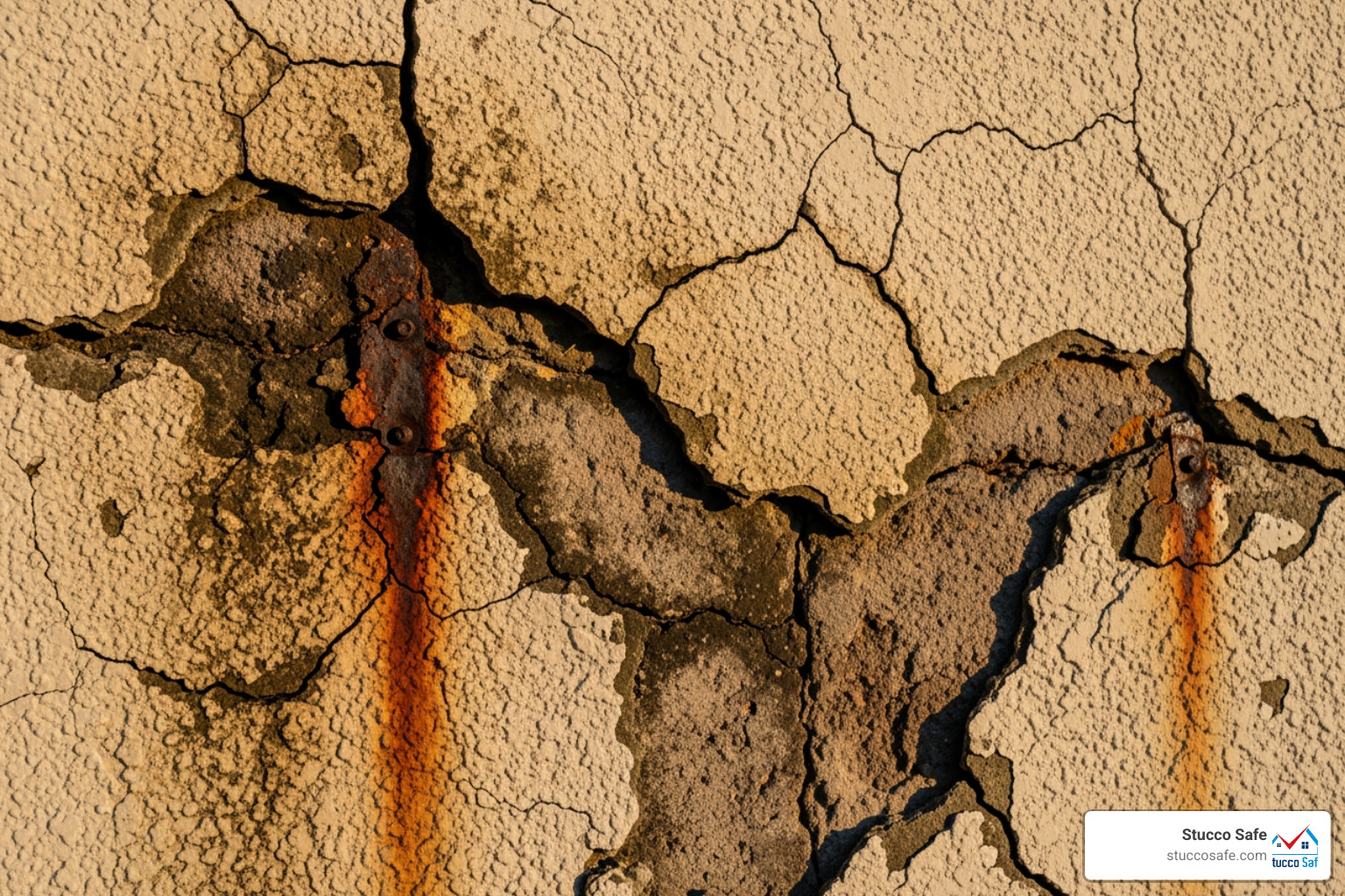 severely cracked and stained EIFS wall - synthetic stucco damage severely cracked and stained EIFS wall - synthetic stucco damage