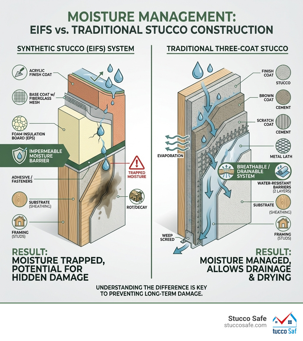 infographic showing the layered construction of EIFS system versus traditional three-coat stucco, highlighting how EIFS creates a moisture barrier with foam insulation board, base coat with fiberglass mesh, and acrylic finish coat, compared to traditional stucco's breathable cement-based layers over metal lath - synthetic stucco damage infographic infographic showing the layered construction of EIFS system versus traditional three-coat stucco, highlighting how EIFS creates a moisture barrier with foam insulation board, base coat with fiberglass mesh, and acrylic finish coat, compared to traditional stucco's breathable cement-based layers over metal lath - synthetic stucco damage infographic