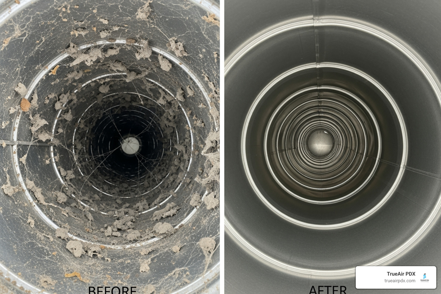 a dramatic before-and-after photo of a cleaned air duct interior - certified vent cleaning