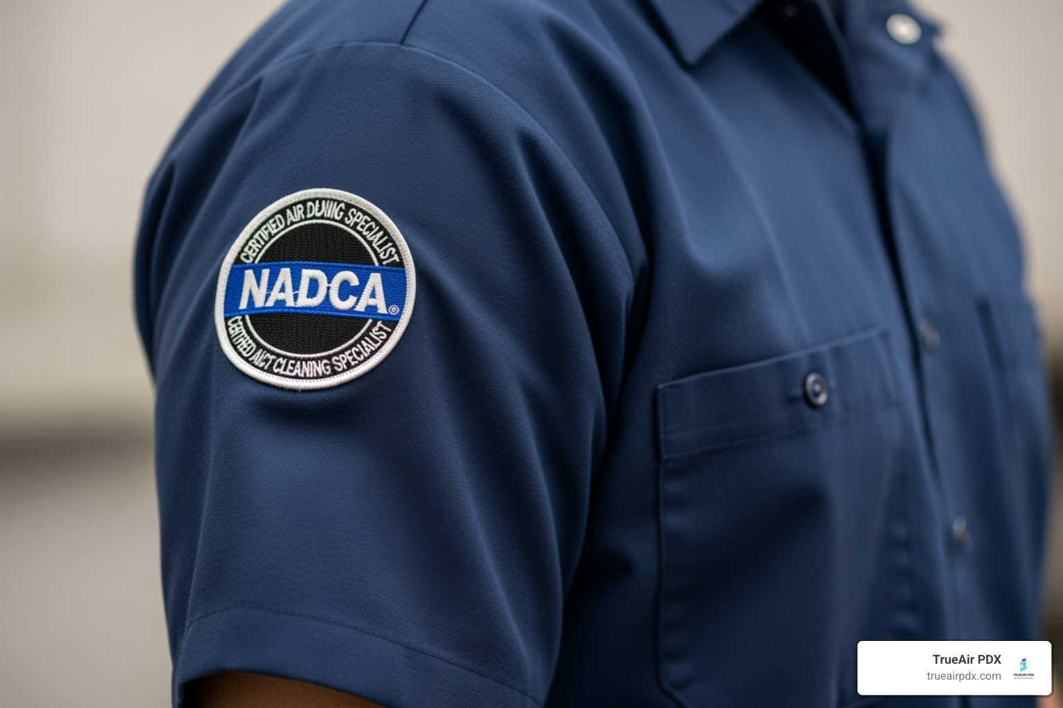 a technician's uniform with a NADCA certification patch clearly visible - certified vent cleaning