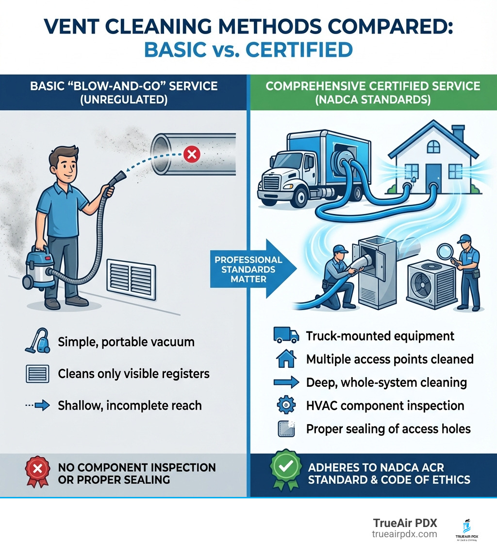 Infographic comparing basic "blow-and-go" vent cleaning service showing a technician with a simple vacuum at one vent versus comprehensive certified vent cleaning showing truck-mounted equipment, multiple access points being cleaned throughout the duct system, inspection of HVAC components, and proper sealing of access holes - certified vent cleaning infographic 