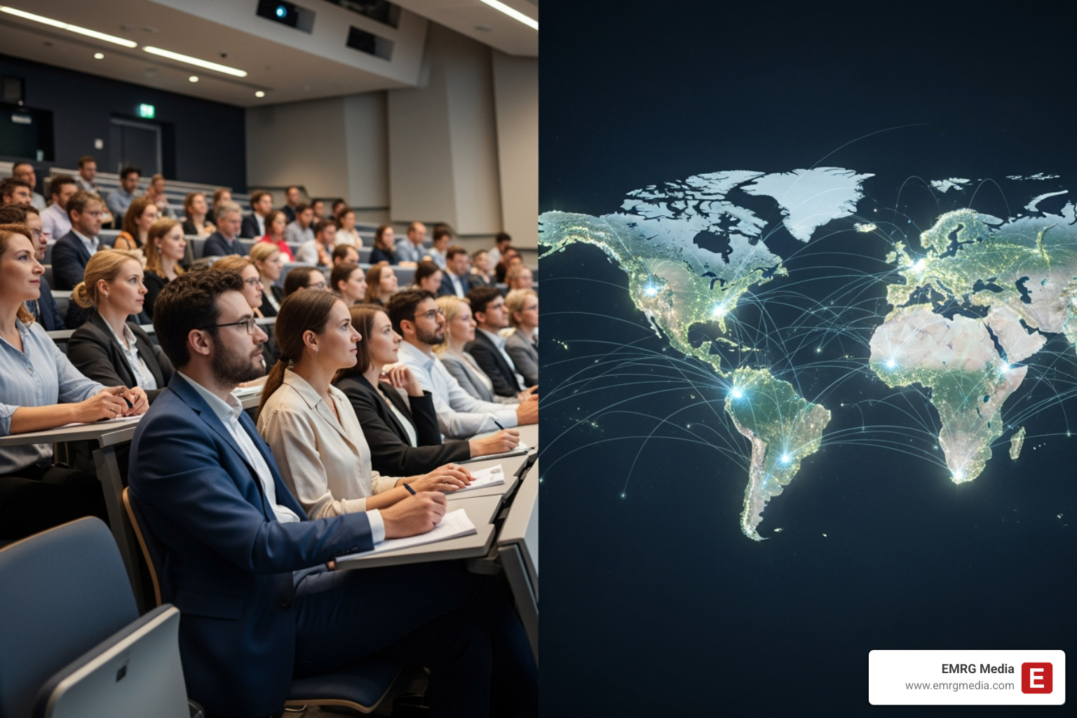 split screen of a physical audience and a global map of virtual attendees - virtual event management