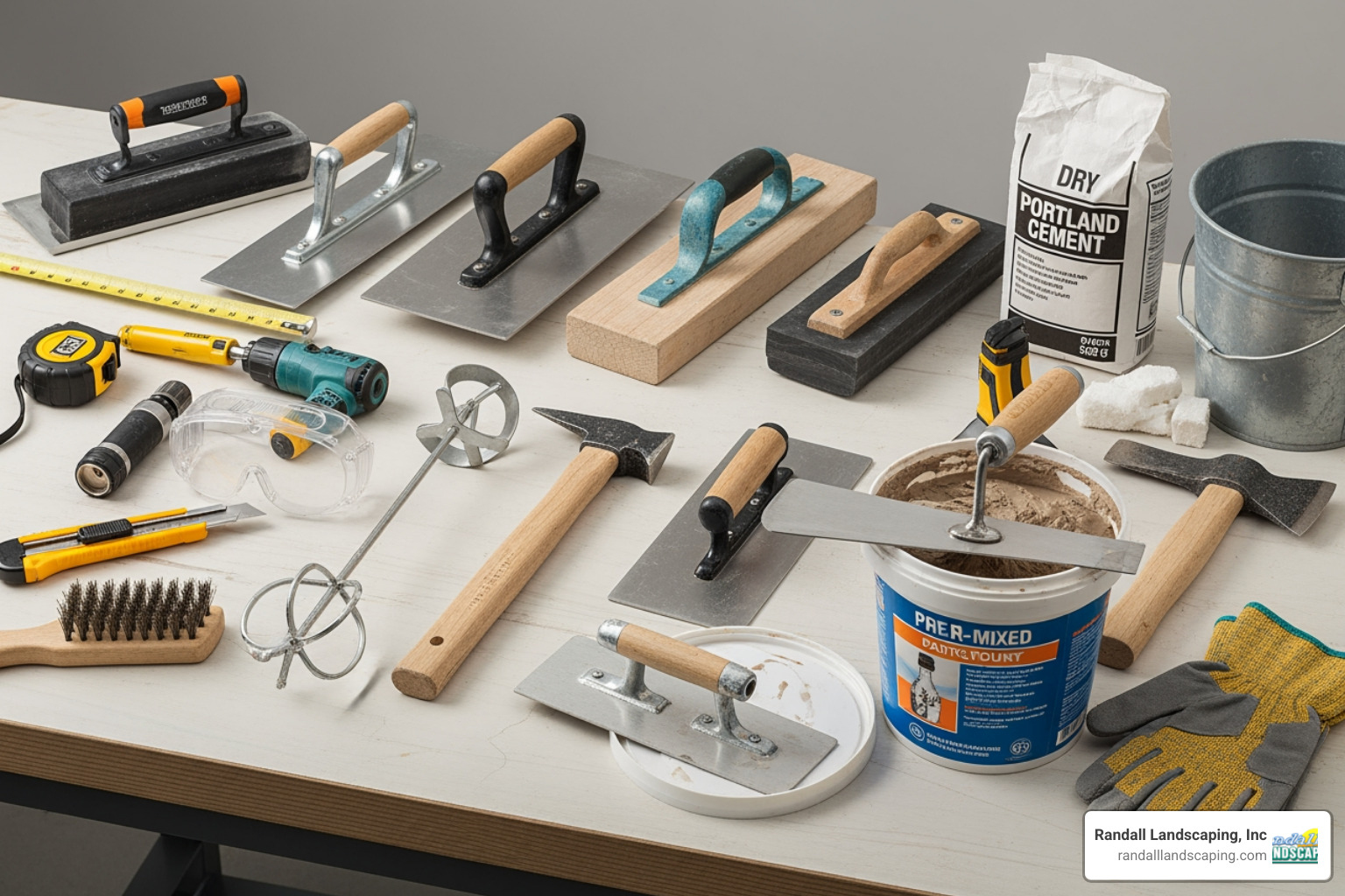 homeowner's toolkit for concrete repair laid out neatly - retaining wall crack repair