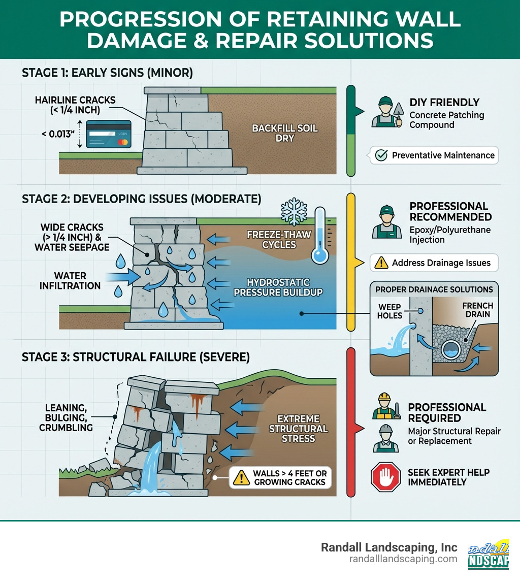Detailed infographic showing the progression of retaining wall damage: starting with minor hairline cracks at the top, moving through stages of water infiltration and hydrostatic pressure buildup in the middle, and ending with severe structural failure including leaning, bulging, and crumbling at the bottom. Includes visual indicators for when DIY repair is appropriate versus when professional help is required, with cross-sections showing proper drainage solutions like weep holes and French drains. - retaining wall crack repair infographic 