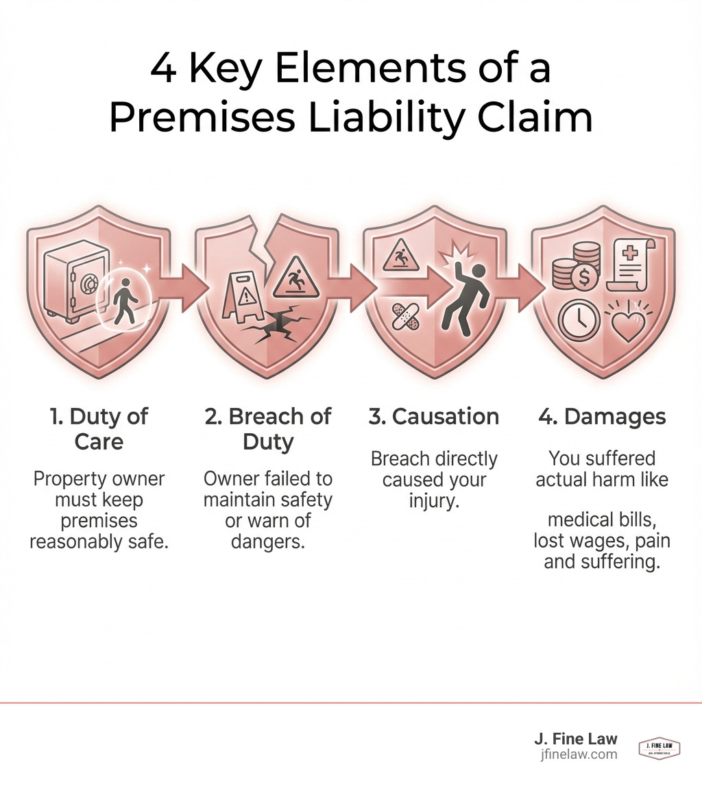 infographic showing the 4 key elements of a premises liability claim: Duty of Care (property owner must keep premises reasonably safe), Breach of Duty (owner failed to maintain safety or warn of dangers), Causation (breach directly caused your injury), and Damages (you suffered actual harm like medical bills, lost wages, pain and suffering) - Premises liability lawyer infographic infographic showing the 4 key elements of a premises liability claim: Duty of Care (property owner must keep premises reasonably safe), Breach of Duty (owner failed to maintain safety or warn of dangers), Causation (breach directly caused your injury), and Damages (you suffered actual harm like medical bills, lost wages, pain and suffering) - Premises liability lawyer infographic