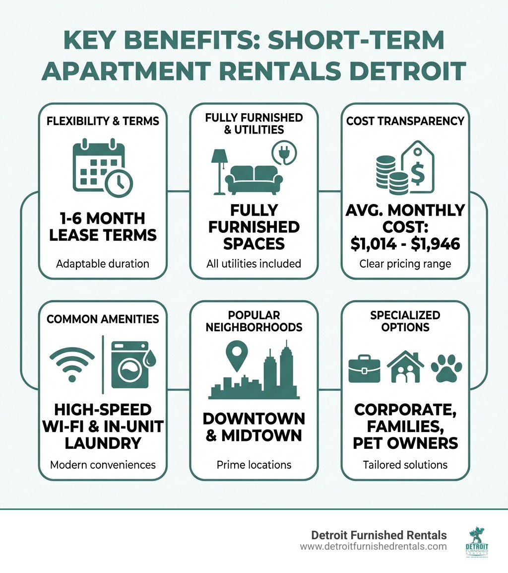 Infographic showing the key benefits of short-term apartment rentals in Detroit: flexibility with 1-6 month lease terms, fully furnished spaces with all utilities included, average monthly cost of $1,014-$1,946, common amenities including high-speed Wi-Fi and in-unit laundry, popular neighborhoods like Downtown and Midtown, and specialized options for corporate travelers, families, and pet owners - short term apartment rentals Detroit infographic Infographic showing the key benefits of short-term apartment rentals in Detroit: flexibility with 1-6 month lease terms, fully furnished spaces with all utilities included, average monthly cost of $1,014-$1,946, common amenities including high-speed Wi-Fi and in-unit laundry, popular neighborhoods like Downtown and Midtown, and specialized options for corporate travelers, families, and pet owners - short term apartment rentals Detroit infographic