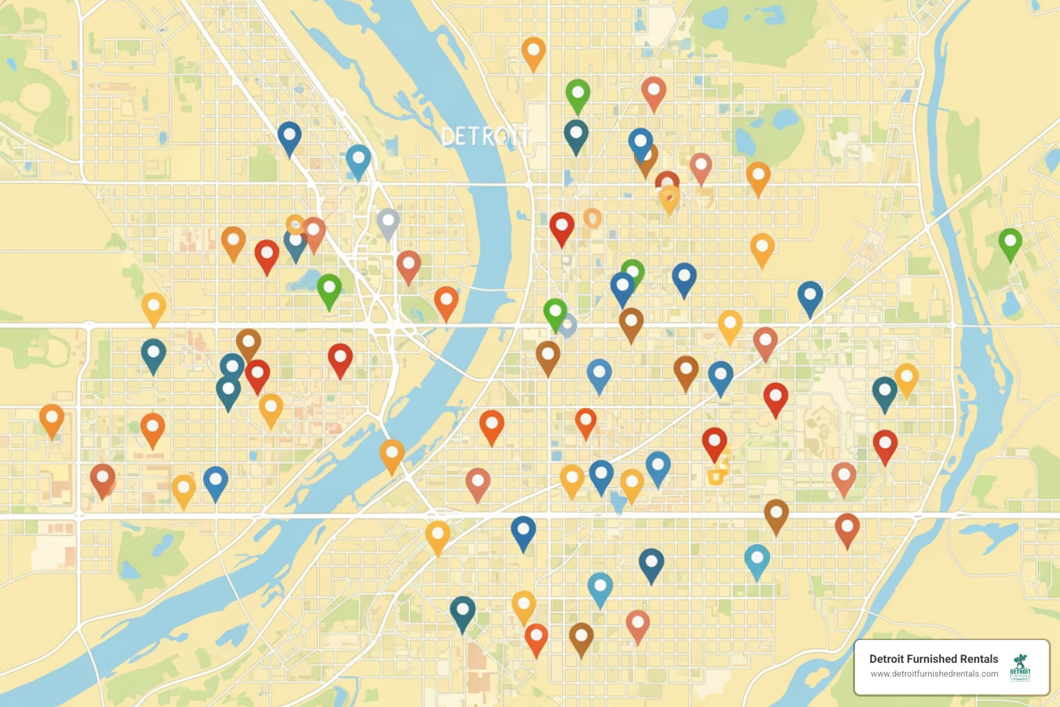 Map of Detroit highlighting popular neighborhoods for short term rentals - short term apartment rentals Detroit Map of Detroit highlighting popular neighborhoods for short term rentals - short term apartment rentals Detroit